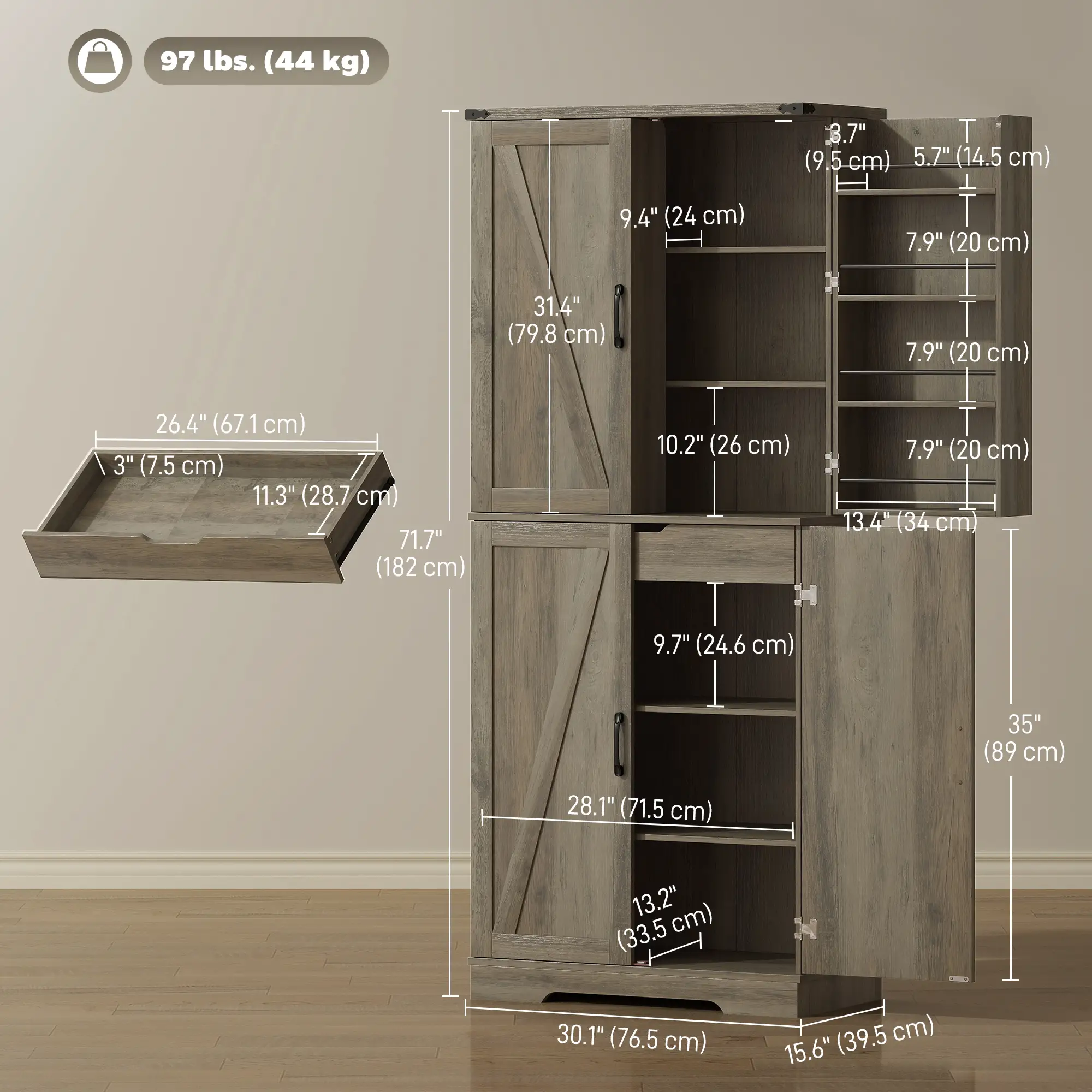 72 Inch Kitchen Pantry Cabinet, Farmhouse Storage with 4 Doors, Drawer, Grey - Image 3