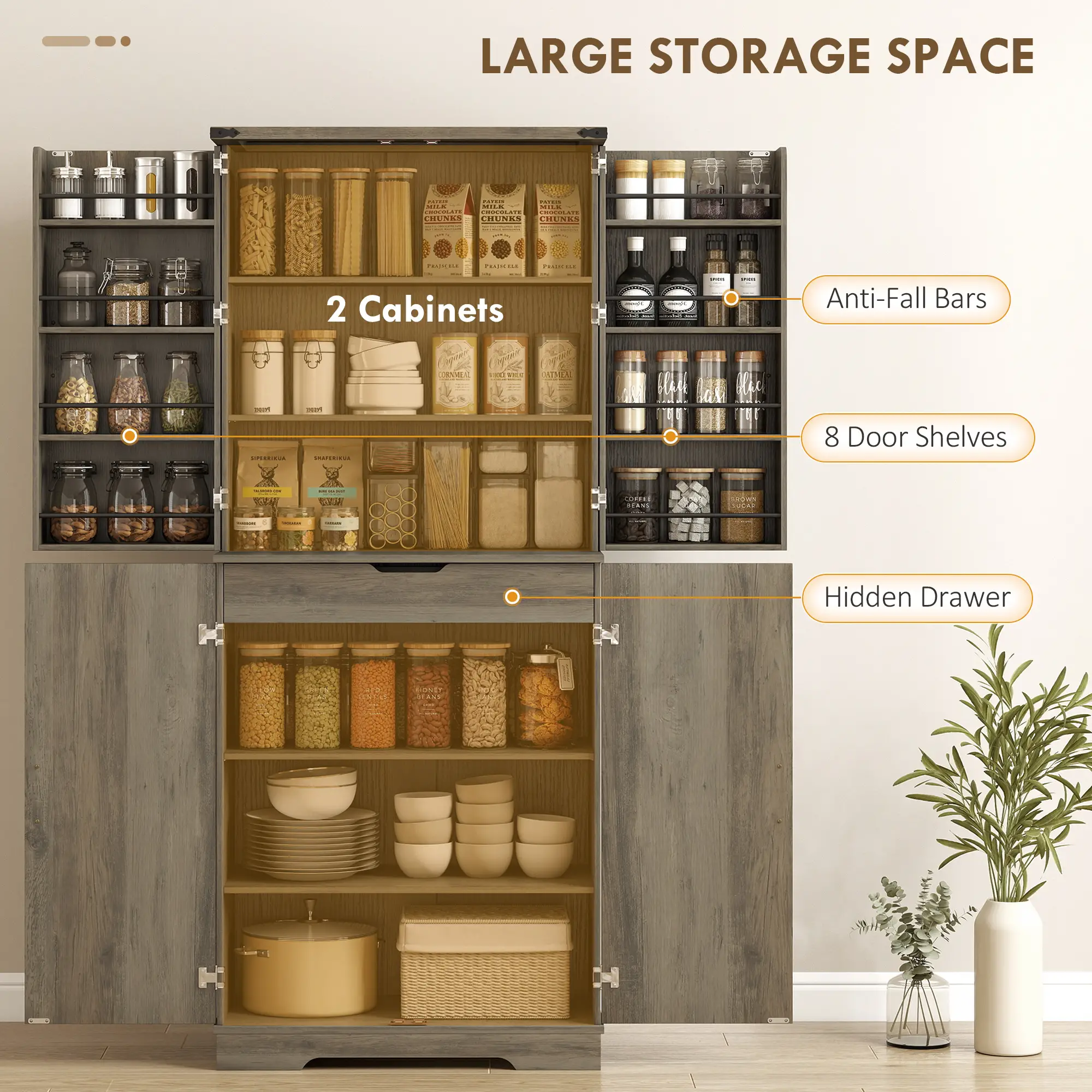 72 Inch Kitchen Pantry Cabinet, Farmhouse Storage with 4 Doors, Drawer, Grey - Image 4