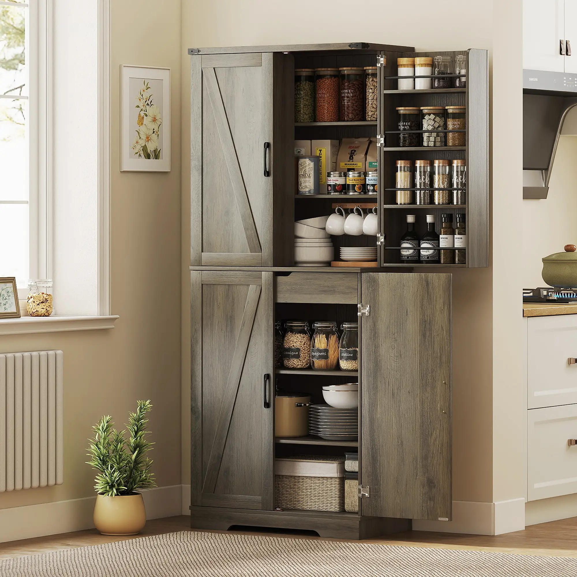 72 Inch Kitchen Pantry Cabinet, Farmhouse Storage with 4 Doors, Drawer, Grey - Image 8