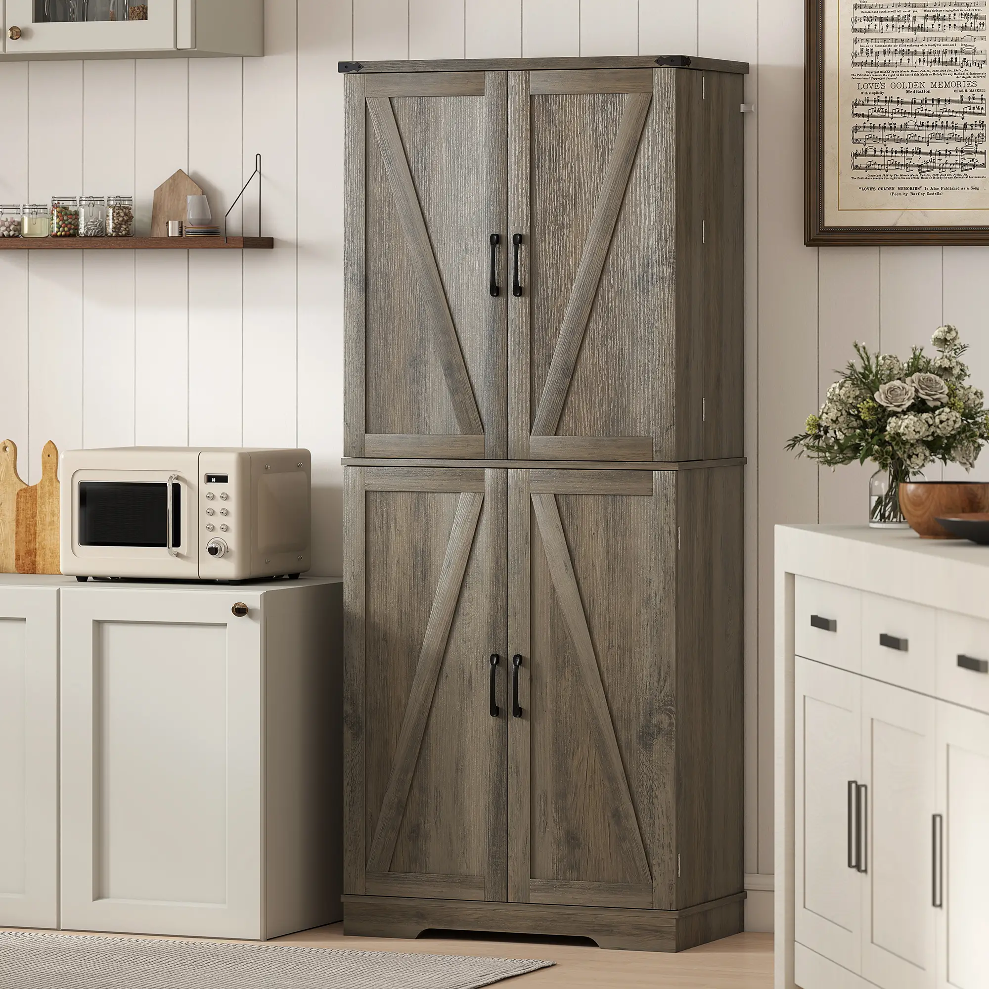 72 Inch Kitchen Pantry Cabinet, Farmhouse Storage with 4 Doors, Drawer, Grey - Image 9