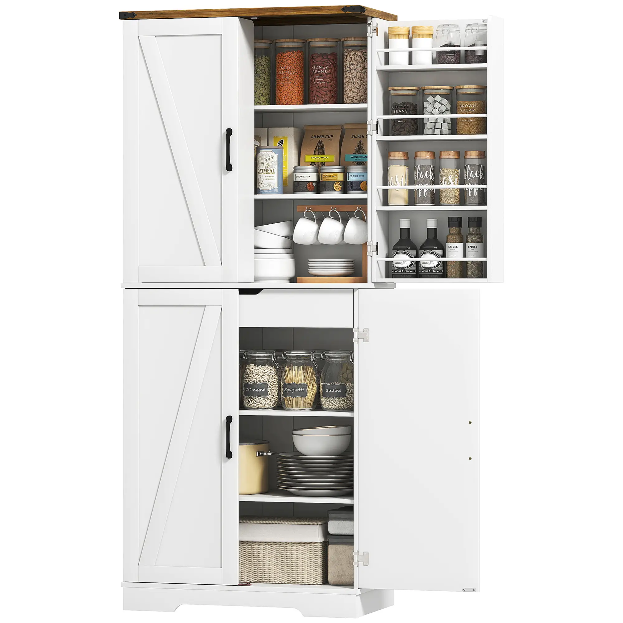 72 Inch Kitchen Pantry Cabinet, Farmhouse Storage with 4 Doors, Drawer, White