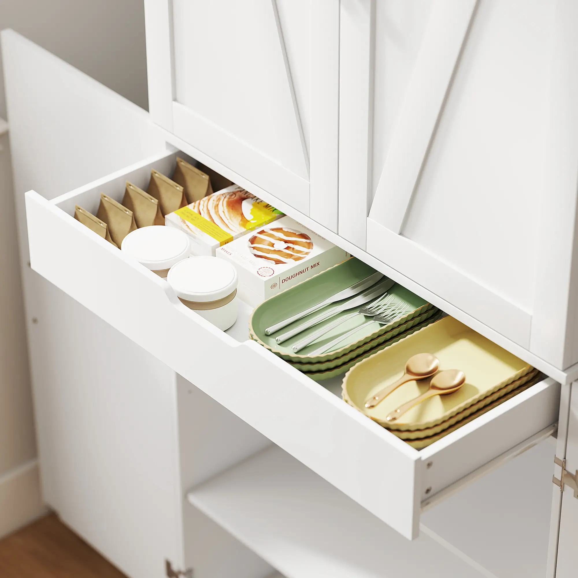 72 Inch Kitchen Pantry Cabinet, Farmhouse Storage with 4 Doors, Drawer, White - Image 10