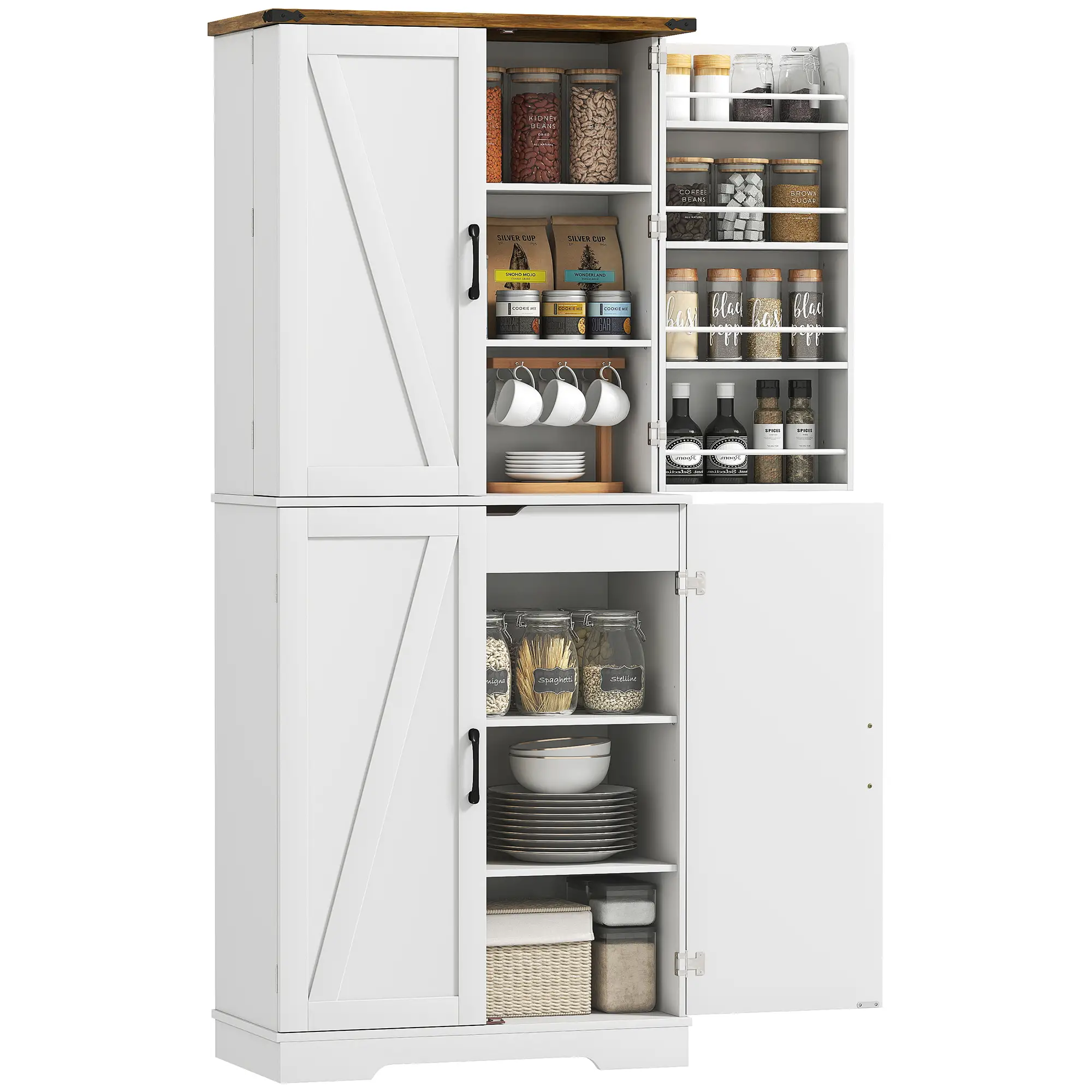 72 Inch Kitchen Pantry Cabinet, Farmhouse Storage with 4 Doors, Drawer, White - Image 11