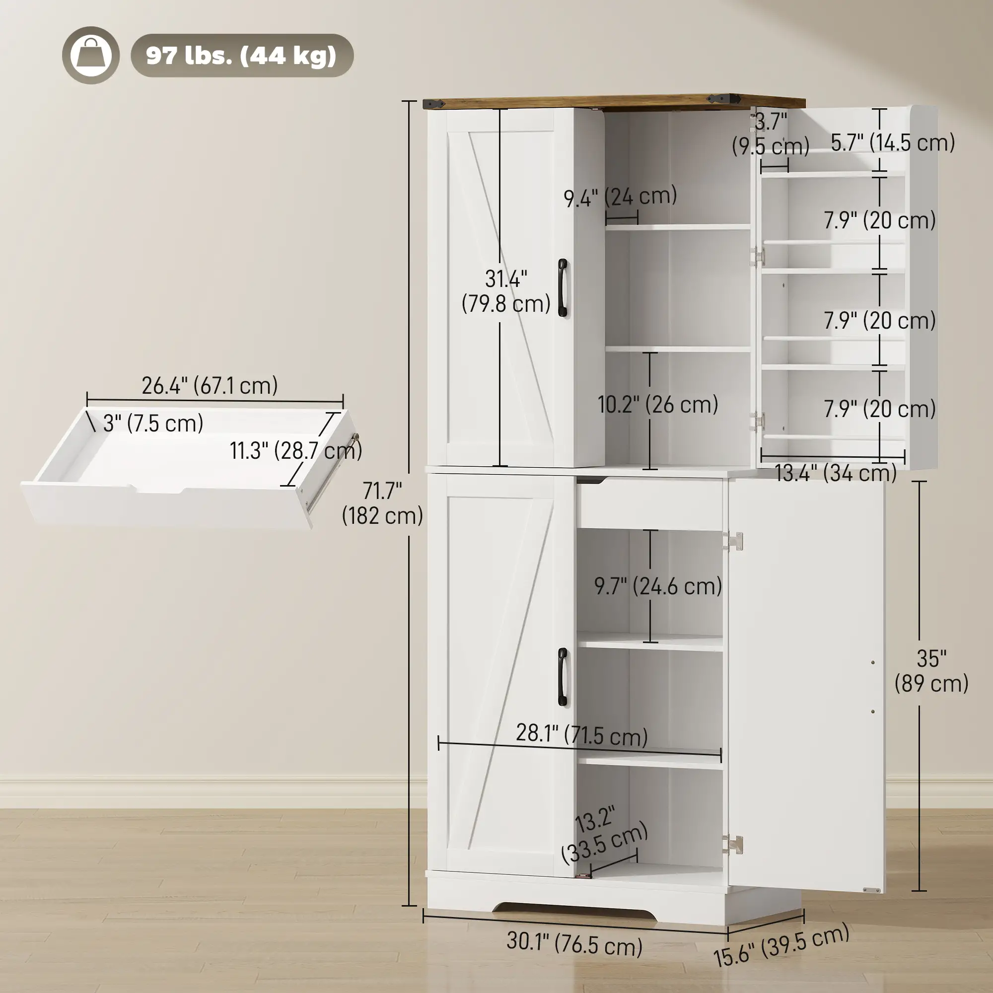 72 Inch Kitchen Pantry Cabinet, Farmhouse Storage with 4 Doors, Drawer, White - Image 3