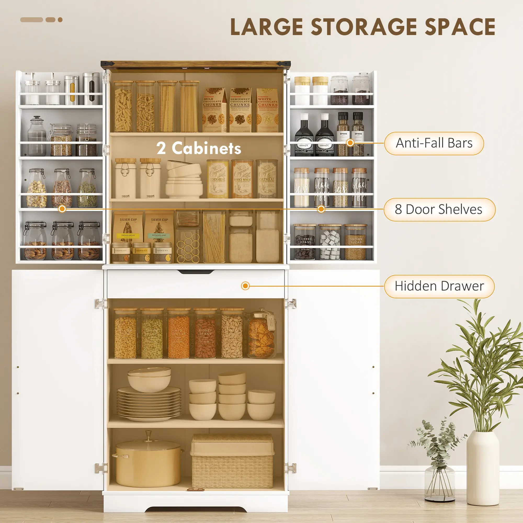 72 Inch Kitchen Pantry Cabinet, Farmhouse Storage with 4 Doors, Drawer, White - Image 4