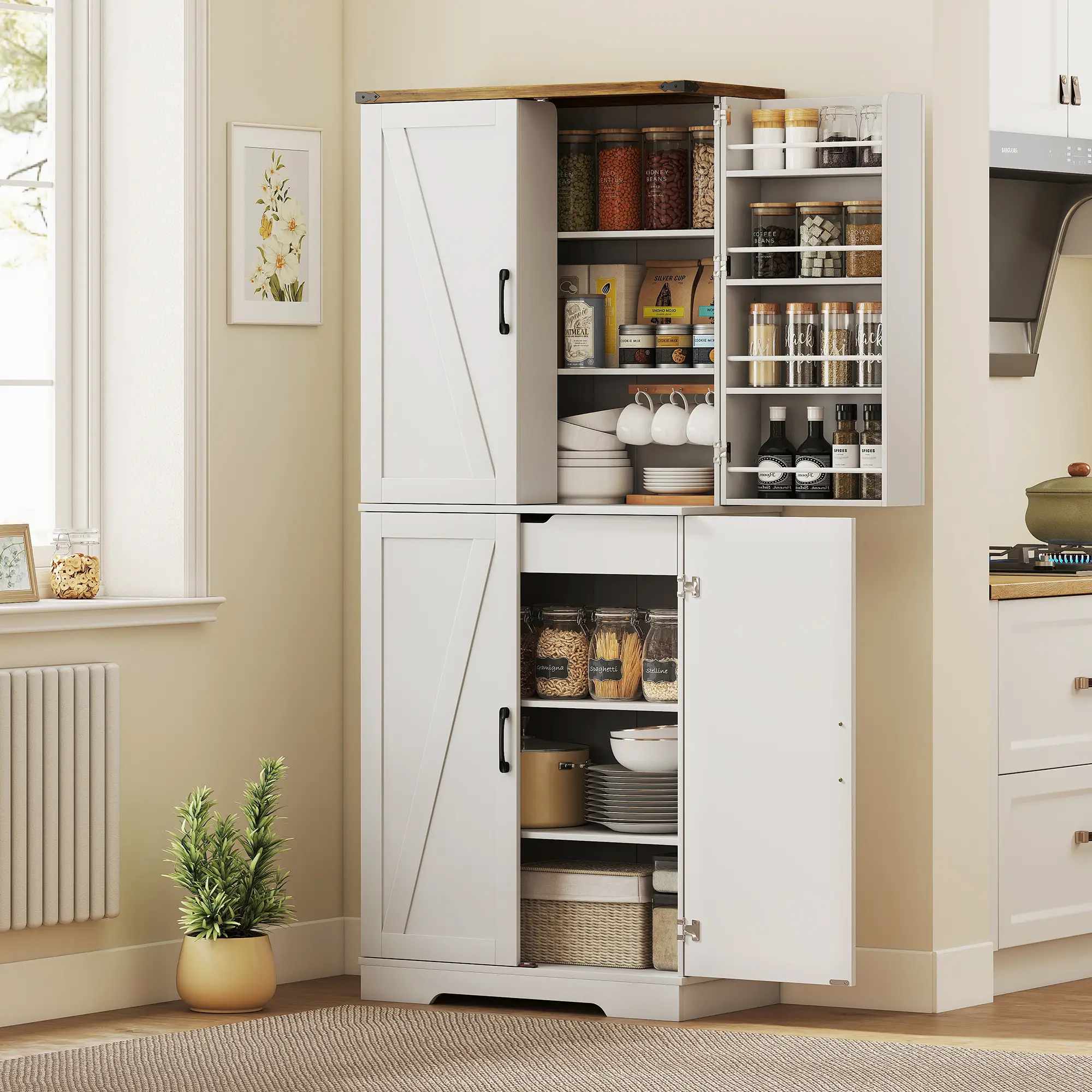 72 Inch Kitchen Pantry Cabinet, Farmhouse Storage with 4 Doors, Drawer, White - Image 8