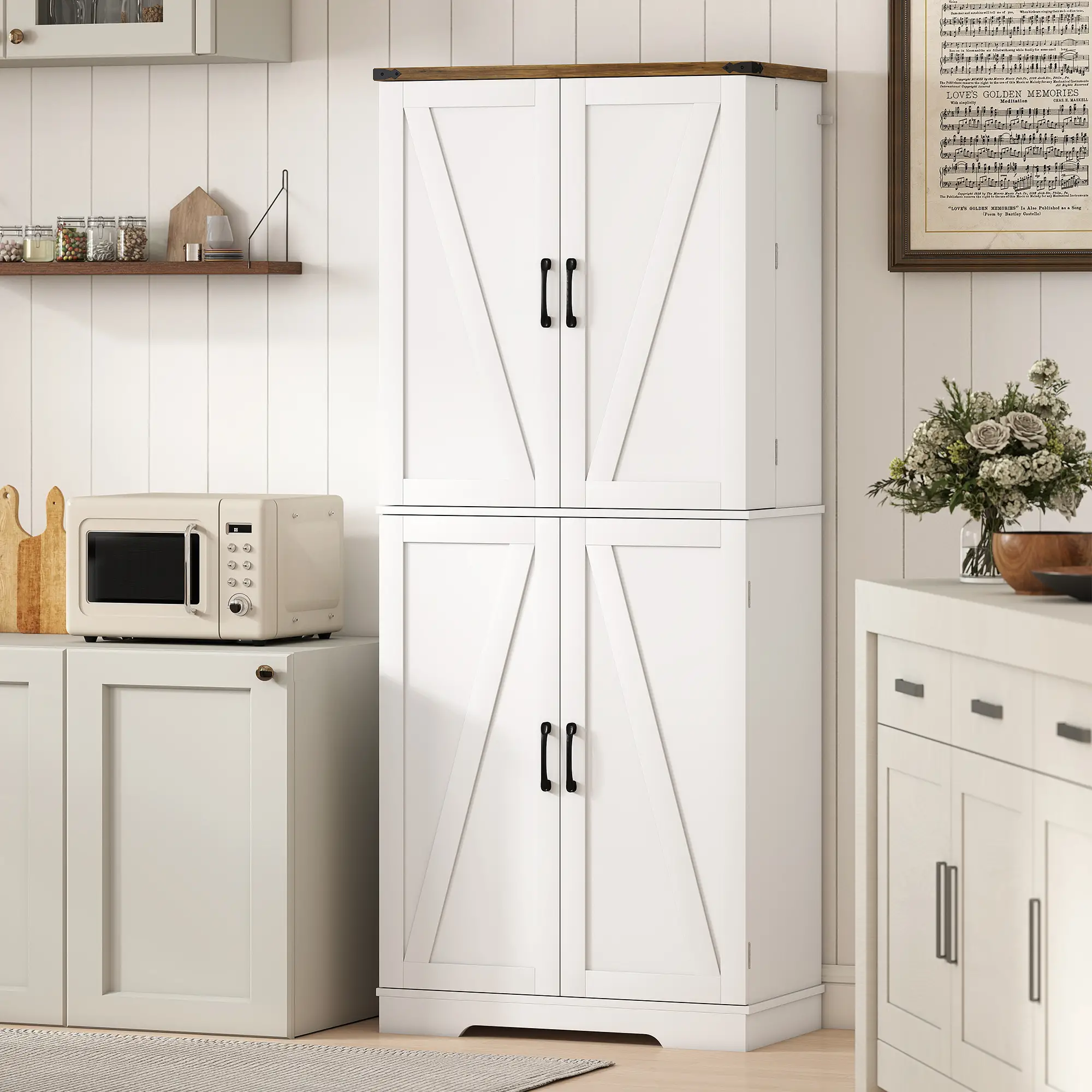72 Inch Kitchen Pantry Cabinet, Farmhouse Storage with 4 Doors, Drawer, White - Image 9