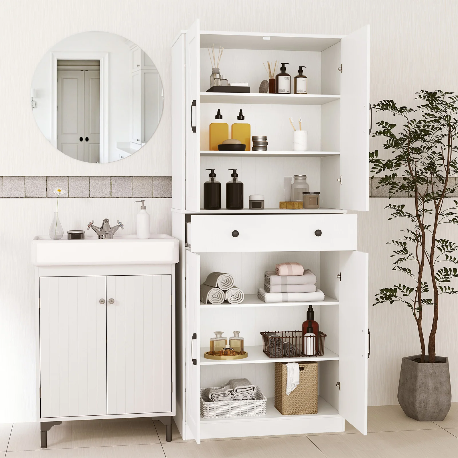 72 Inch Modern Farmhouse Cupboard Cabinet, 4 Barn Doors, White - Image 2
