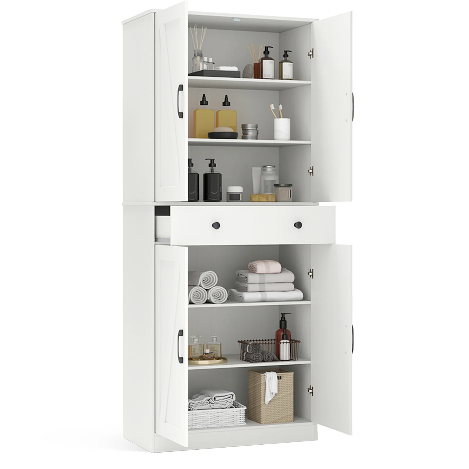72 Inch Modern Farmhouse Cupboard Cabinet, 4 Barn Doors, White - Image 5
