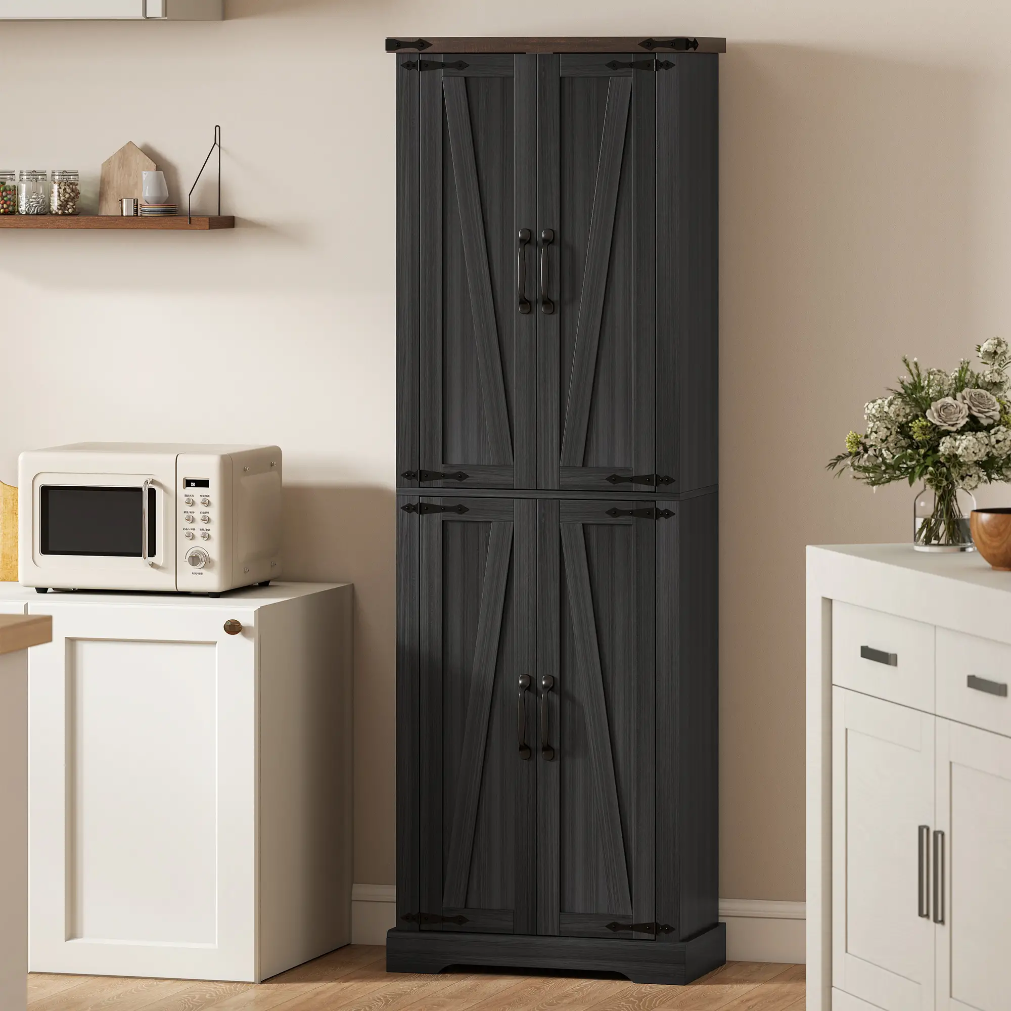 72 Inch Pantry Cabinet, Farmhouse Kitchen Storage with Adjustable Shelves, Black - Image 10