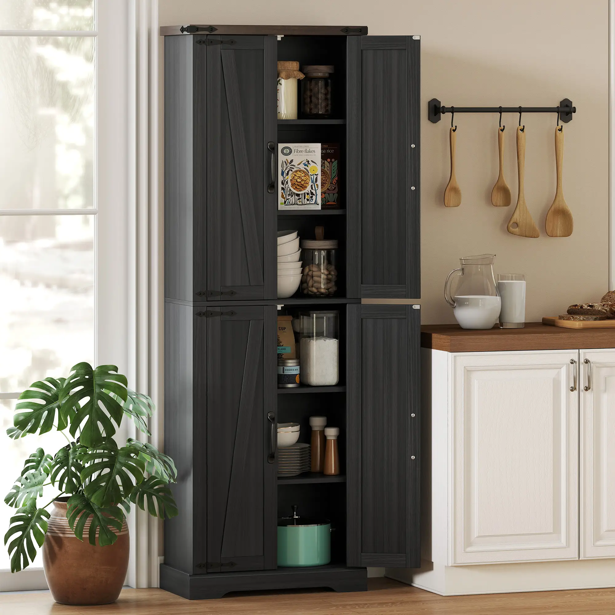 72 Inch Pantry Cabinet, Farmhouse Kitchen Storage with Adjustable Shelves, Black - Image 2