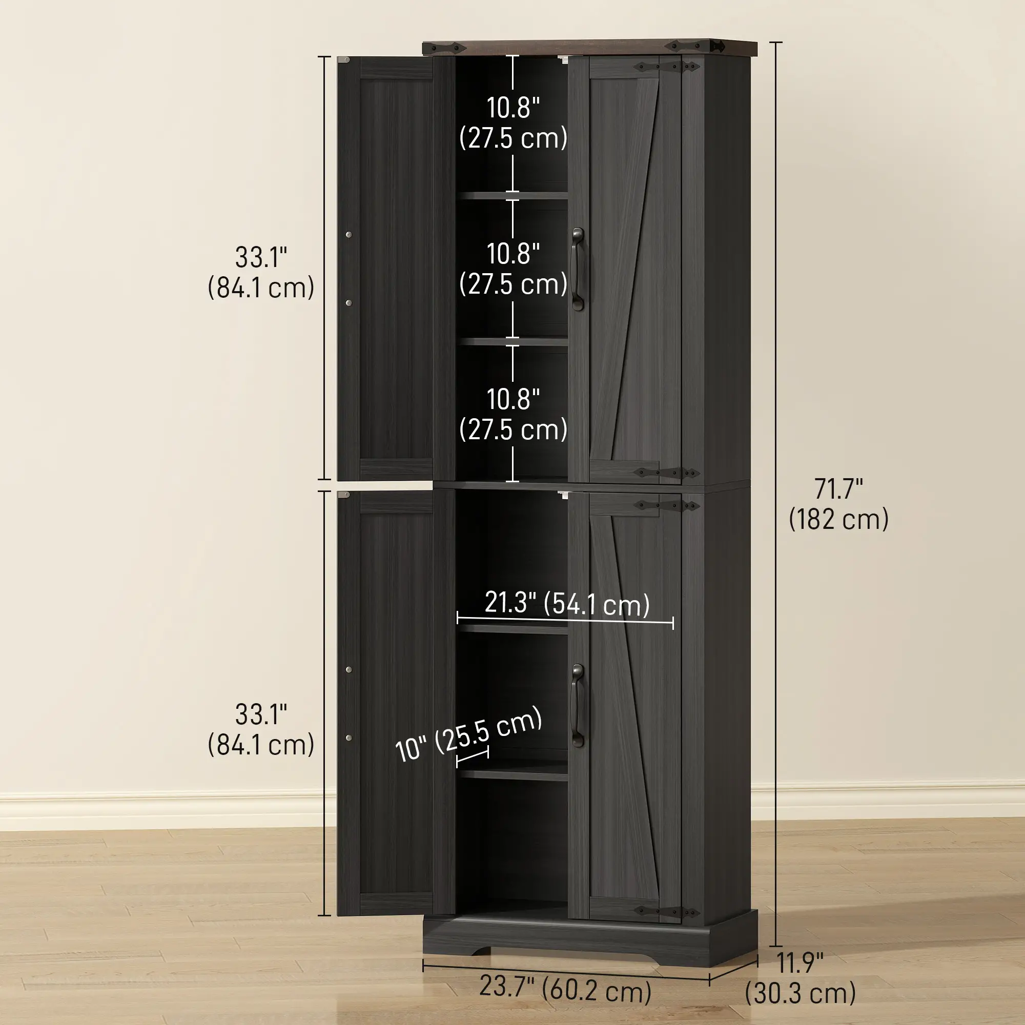 72 Inch Pantry Cabinet, Farmhouse Kitchen Storage with Adjustable Shelves, Black - Image 3