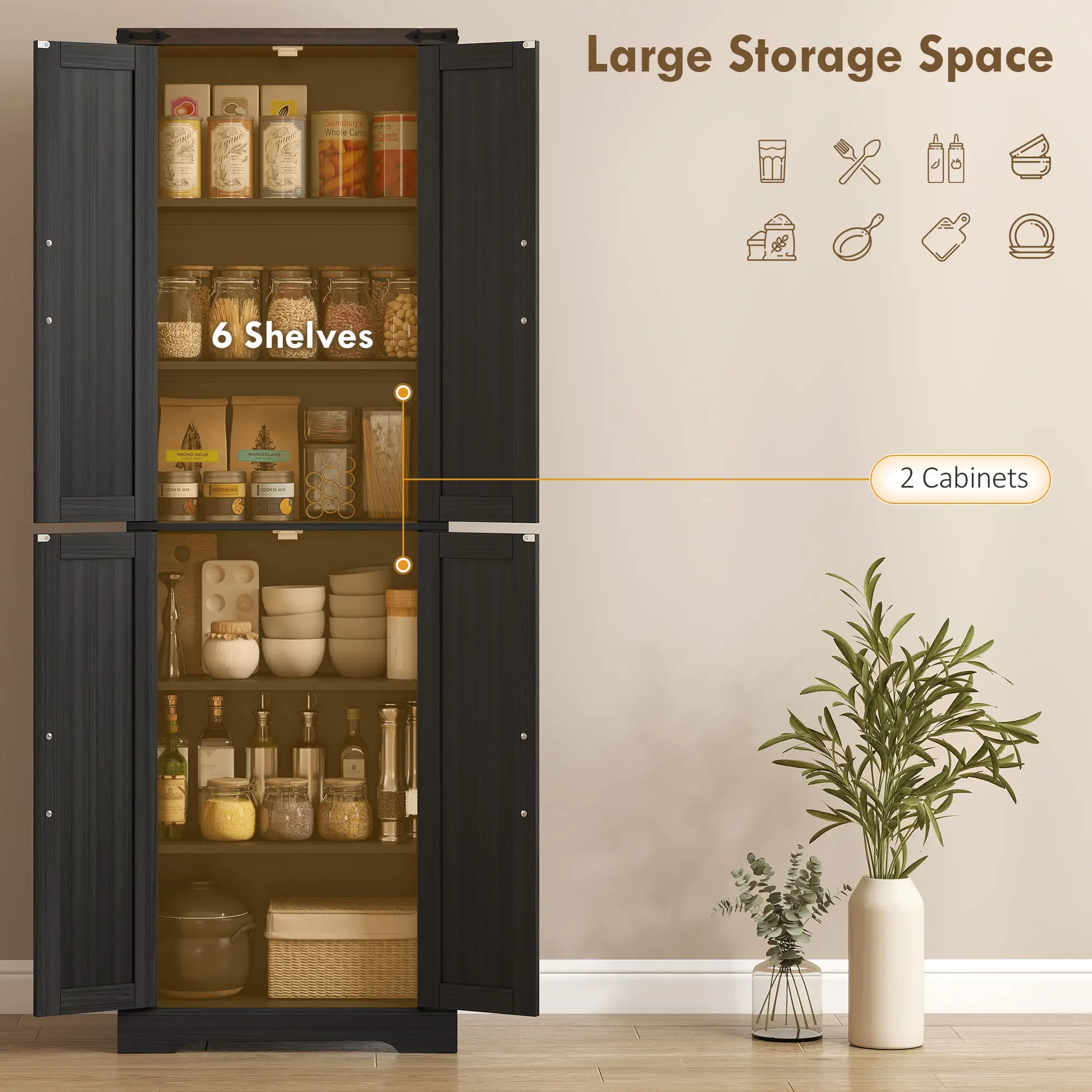 72 Inch Pantry Cabinet, Farmhouse Kitchen Storage with Adjustable Shelves, Black - Image 4