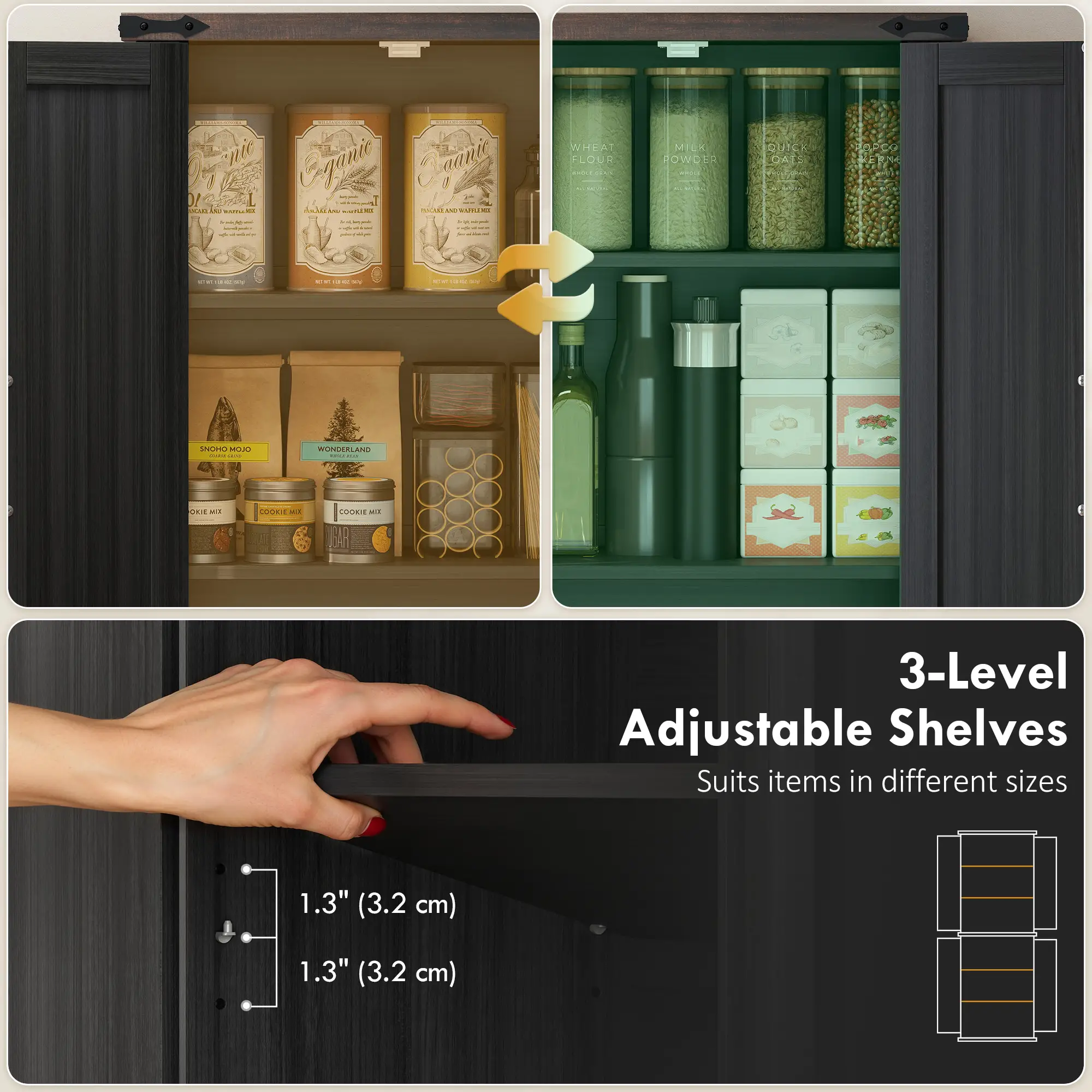 72 Inch Pantry Cabinet, Farmhouse Kitchen Storage with Adjustable Shelves, Black - Image 5