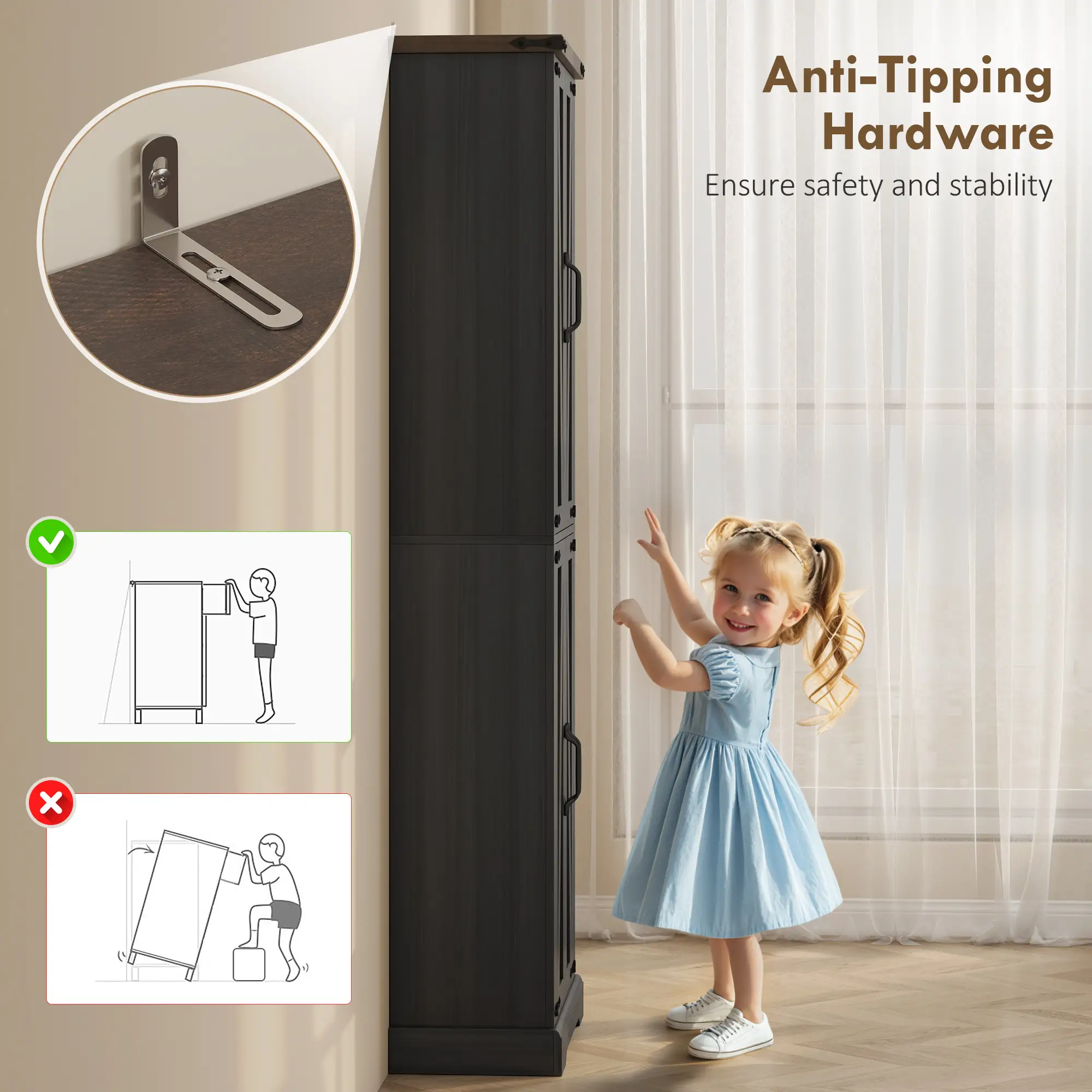 72 Inch Pantry Cabinet, Farmhouse Kitchen Storage with Adjustable Shelves, Black - Image 7