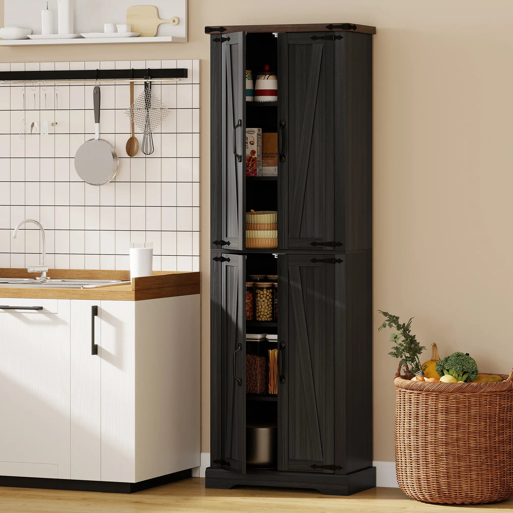 72 Inch Pantry Cabinet, Farmhouse Kitchen Storage with Adjustable Shelves, Black - Image 8