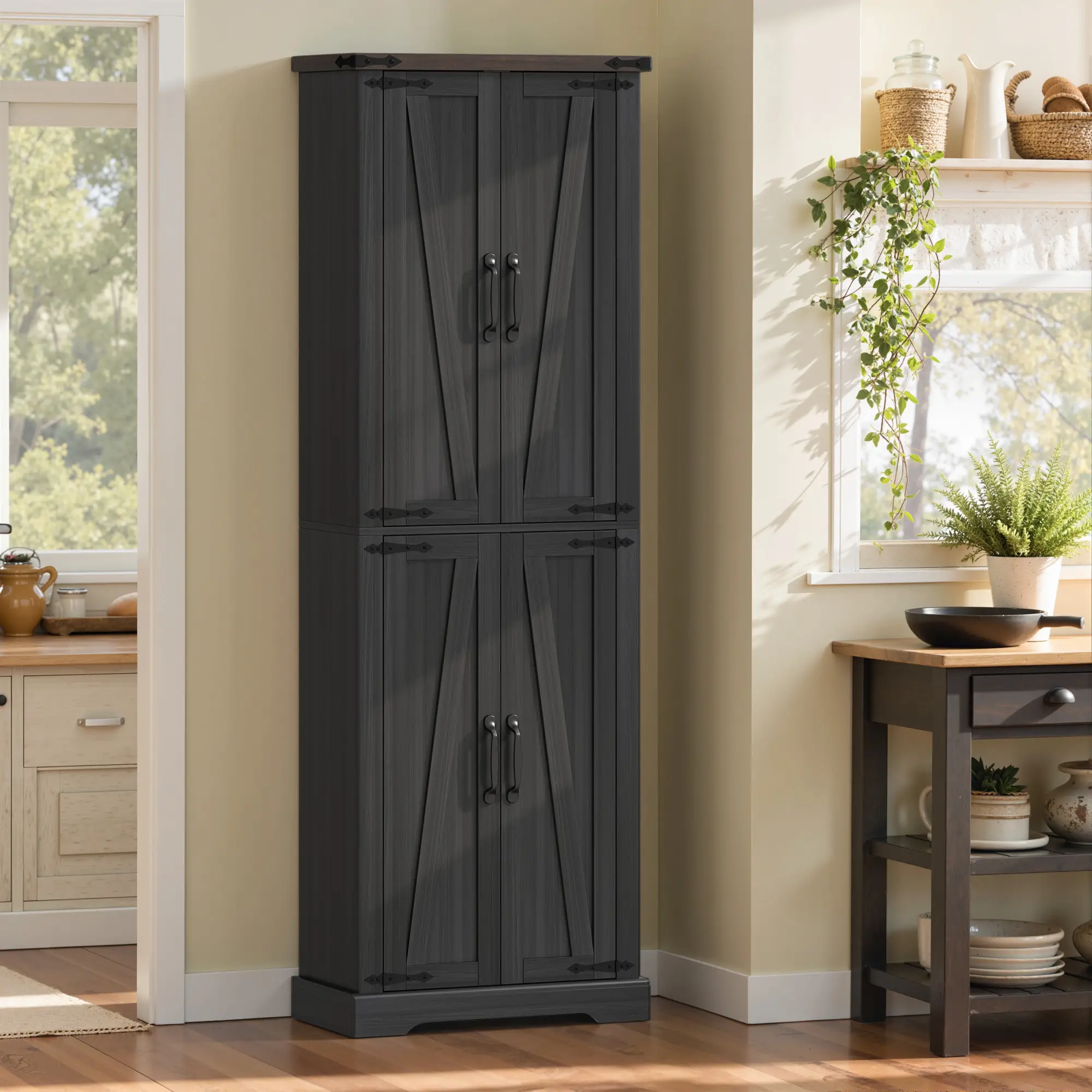 72 Inch Pantry Cabinet, Farmhouse Kitchen Storage with Adjustable Shelves, Black - Image 9