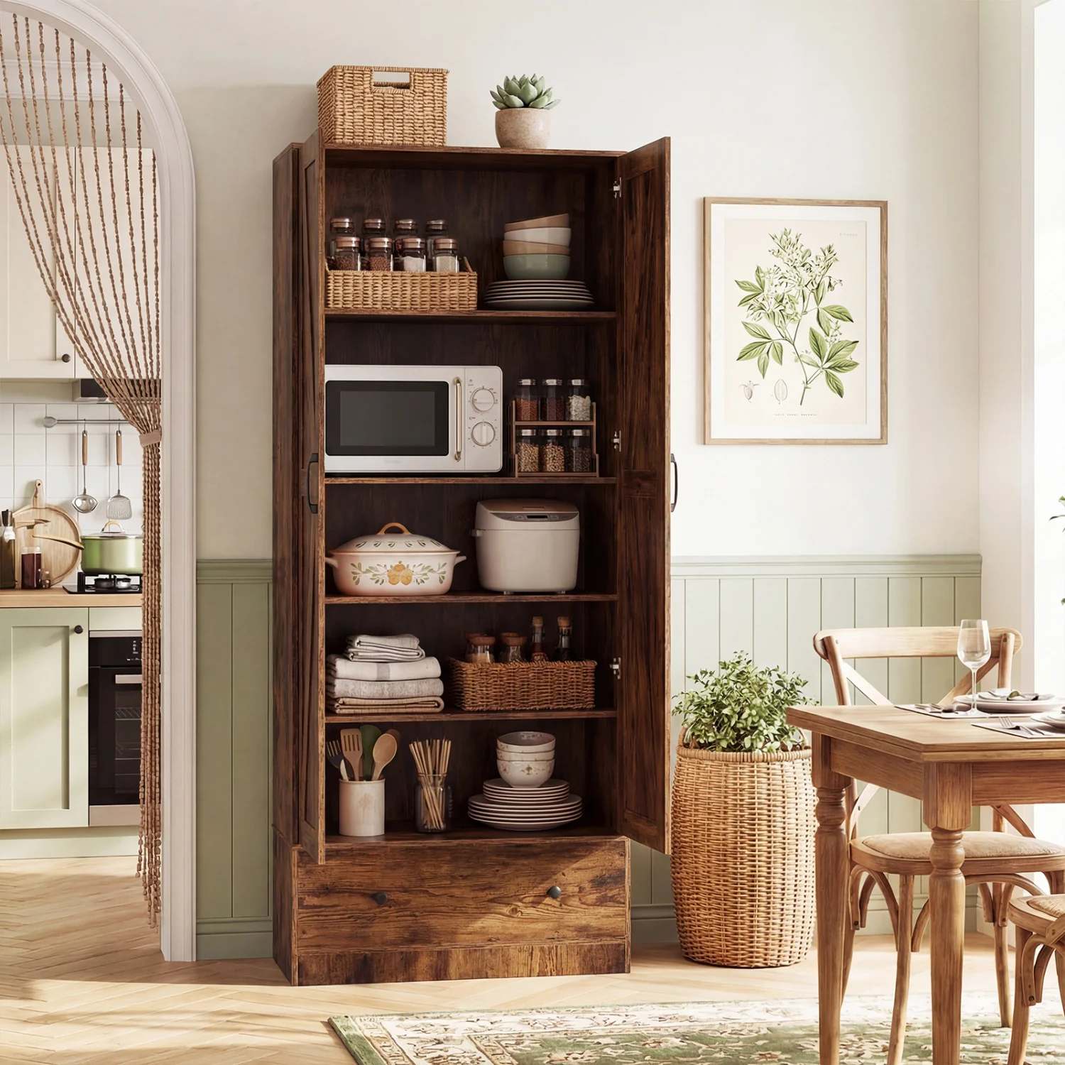 72 Inch Tall Kitchen Pantry Cabinet, Farmhouse Wooden Cupboard, 2 Doors, Brown - Image 2