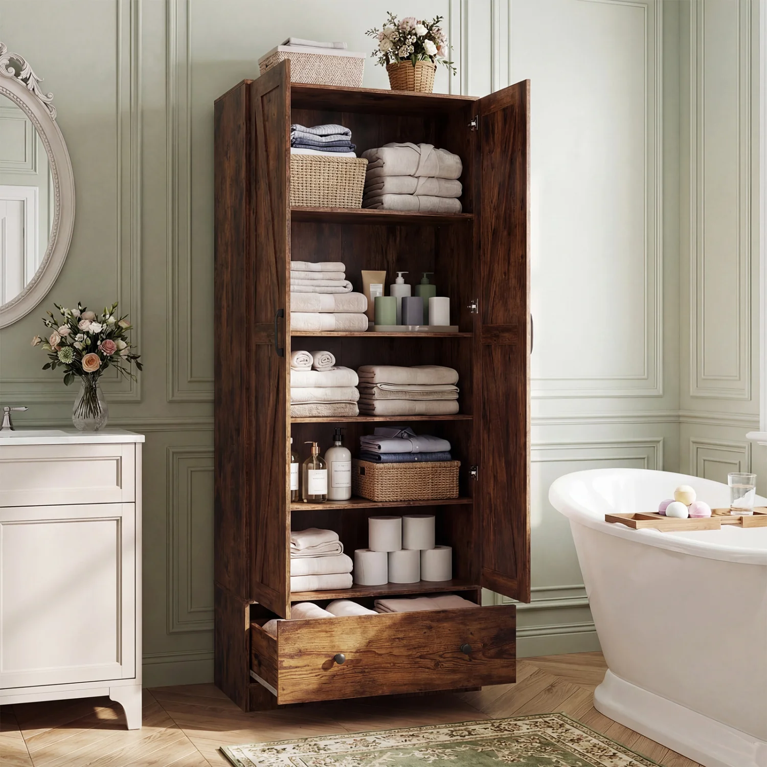72 Inch Tall Kitchen Pantry Cabinet, Farmhouse Wooden Cupboard, 2 Doors, Brown - Image 3