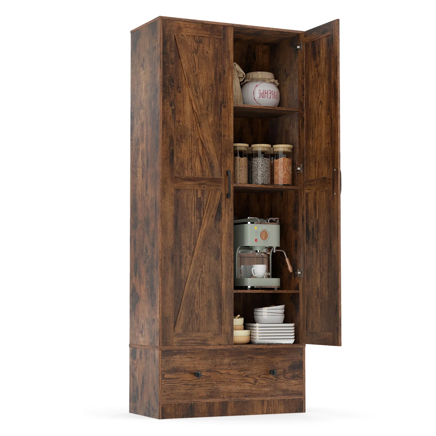72 Inch Tall Kitchen Pantry Cabinet, Farmhouse Wooden Cupboard, 2 Doors, Brown - Image 4