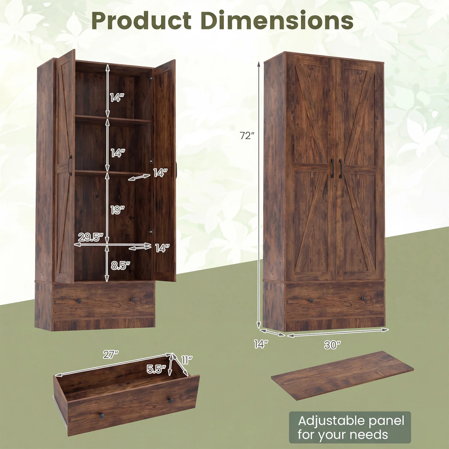 72 Inch Tall Kitchen Pantry Cabinet, Farmhouse Wooden Cupboard, 2 Doors, Brown - Image 5