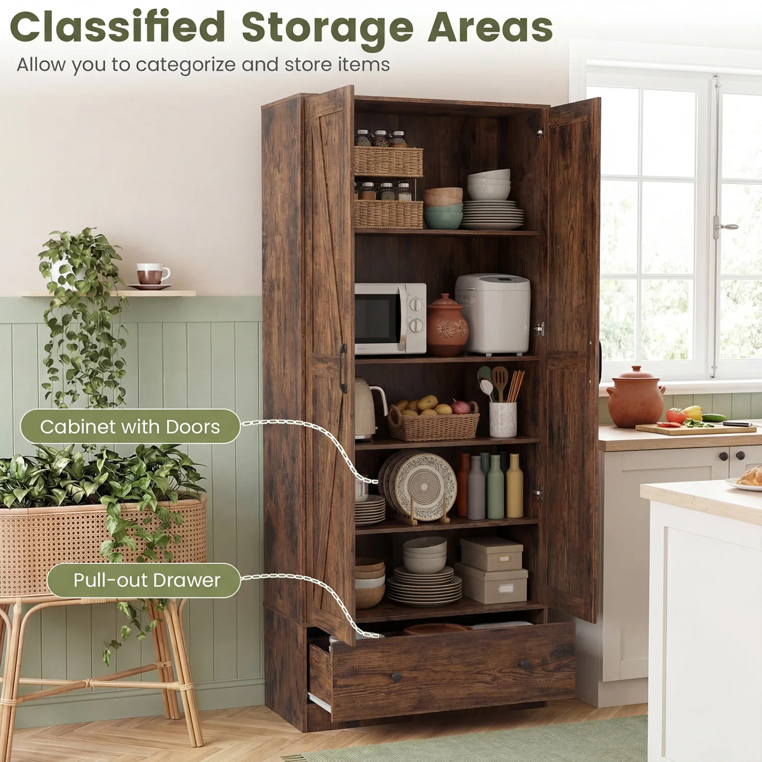 72 Inch Tall Kitchen Pantry Cabinet, Farmhouse Wooden Cupboard, 2 Doors, Brown - Image 7