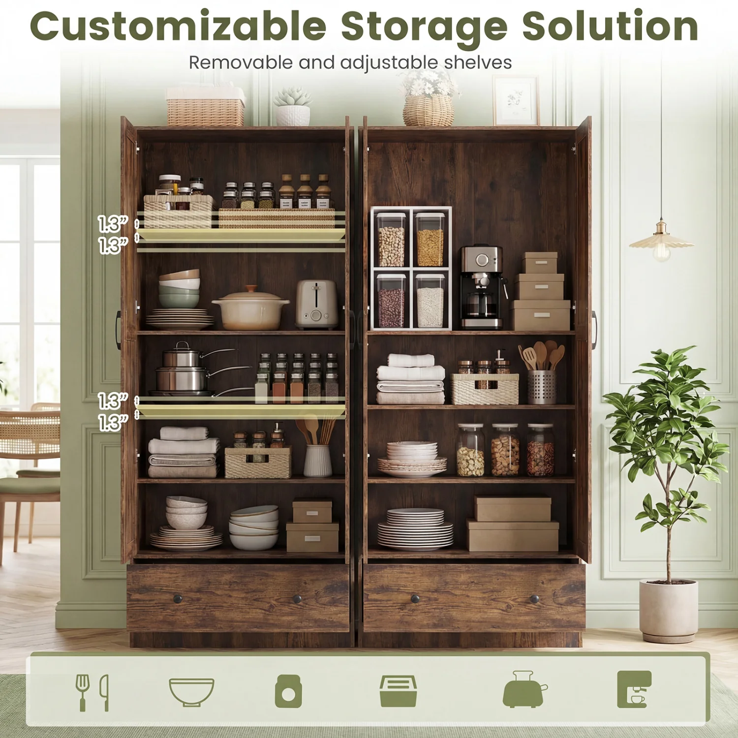 72 Inch Tall Kitchen Pantry Cabinet, Farmhouse Wooden Cupboard, 2 Doors, Brown - Image 8