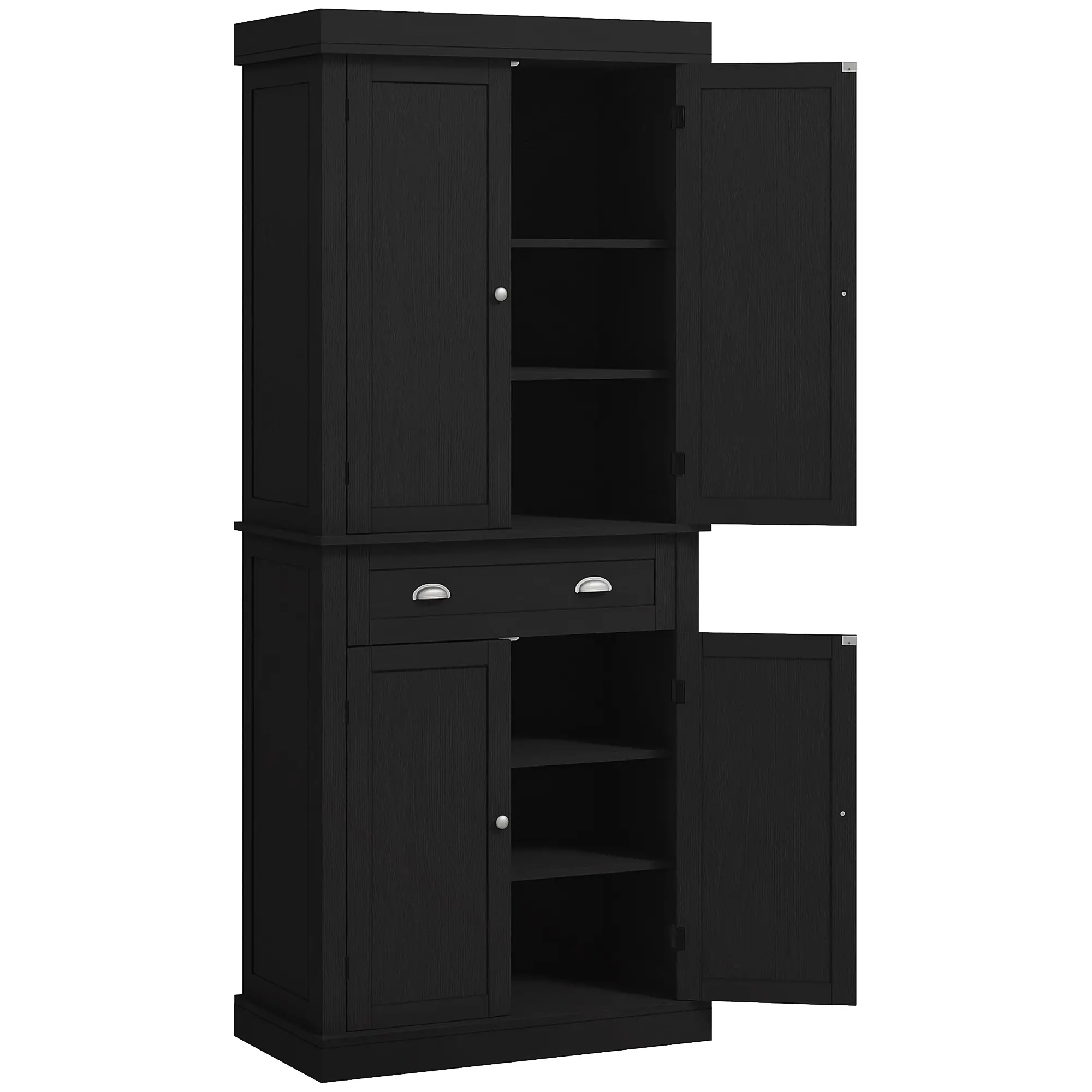 72 Inch Tall Pantry Cabinet, 4 Door Kitchen Storage, Black Wood Grain, Black