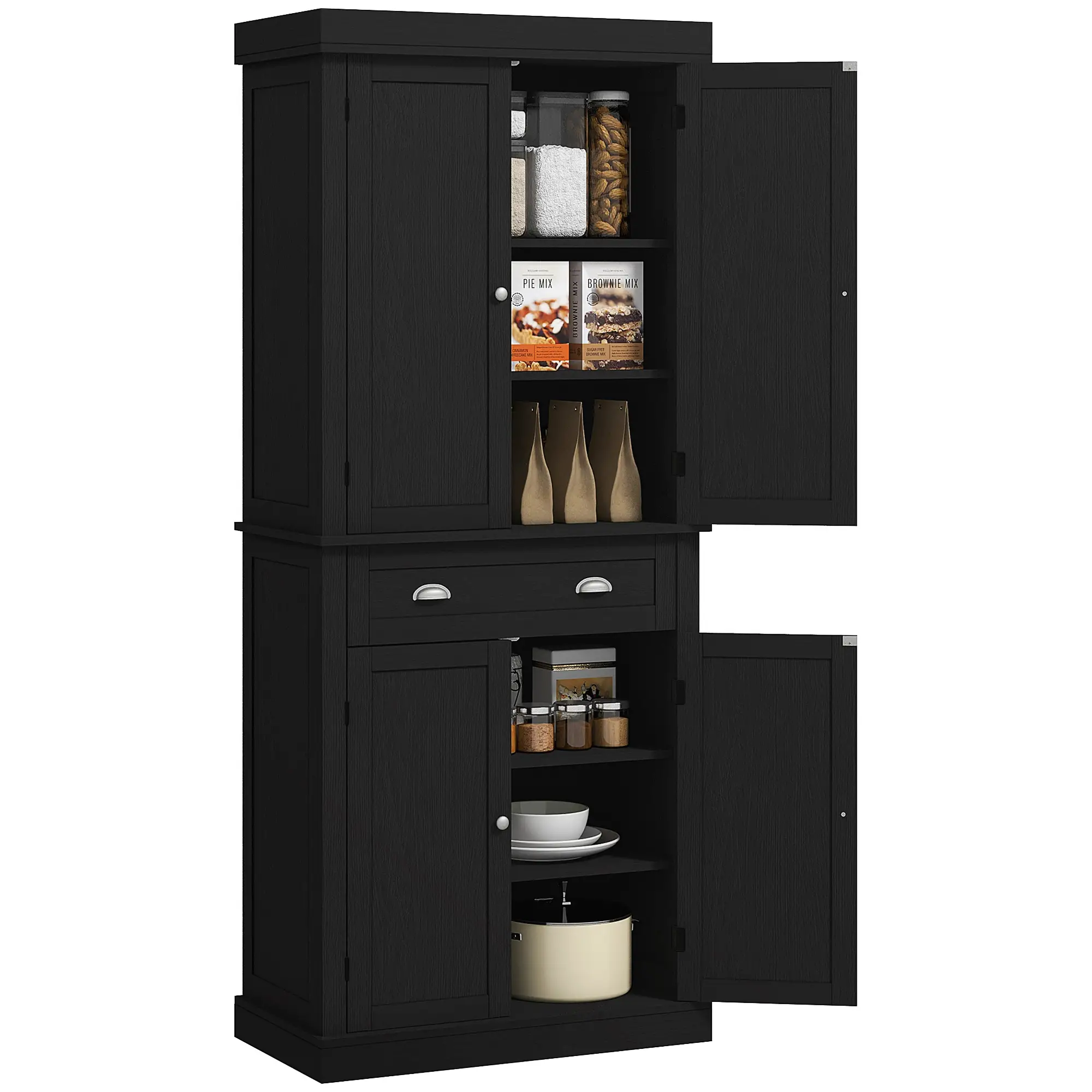 72 Inch Tall Pantry Cabinet, 4 Door Kitchen Storage, Black Wood Grain, Black - Image 11