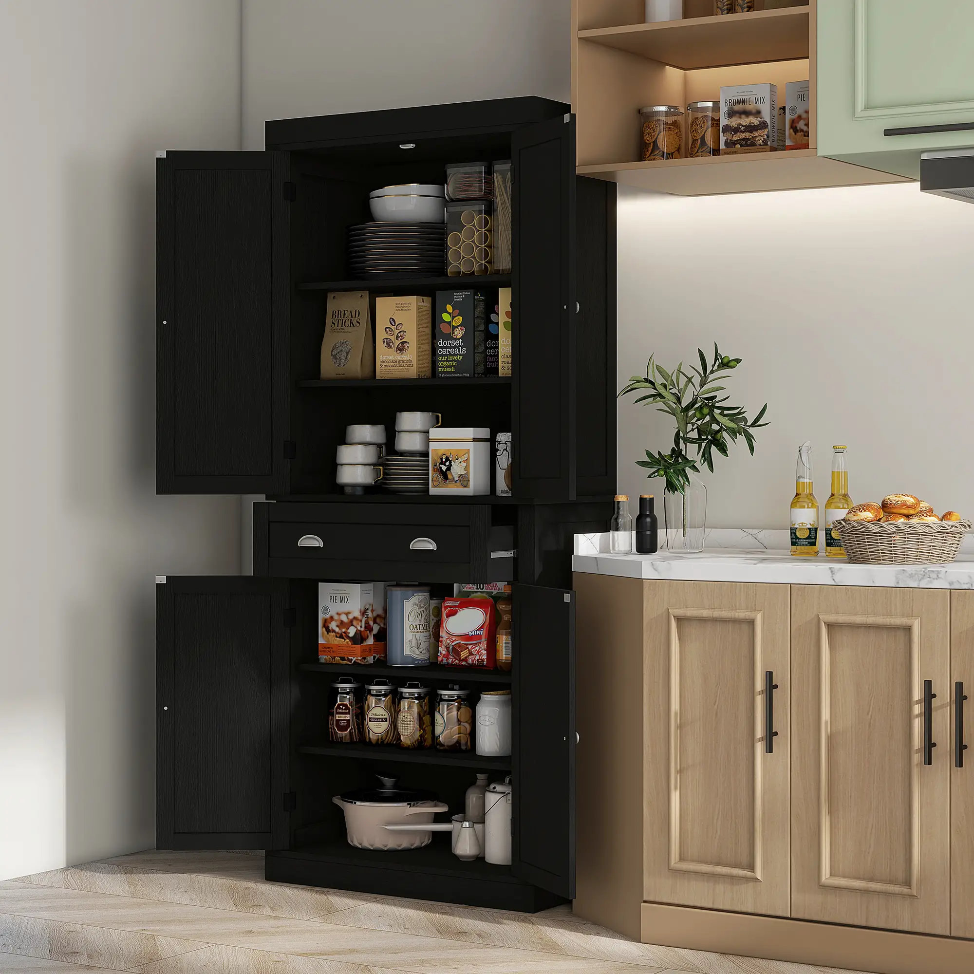 72 Inch Tall Pantry Cabinet, 4 Door Kitchen Storage, Black Wood Grain, Black - Image 2