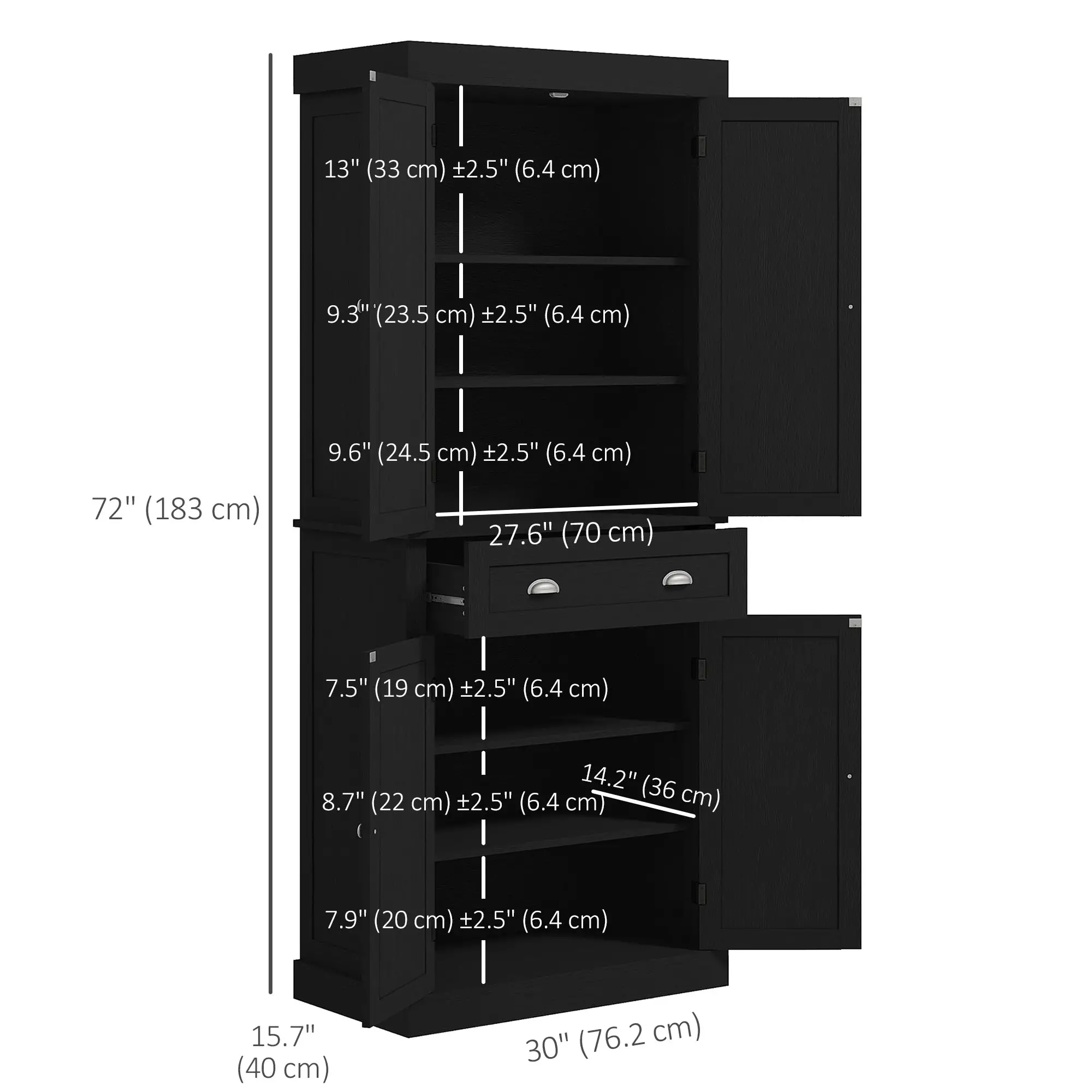 72 Inch Tall Pantry Cabinet, 4 Door Kitchen Storage, Black Wood Grain, Black - Image 3