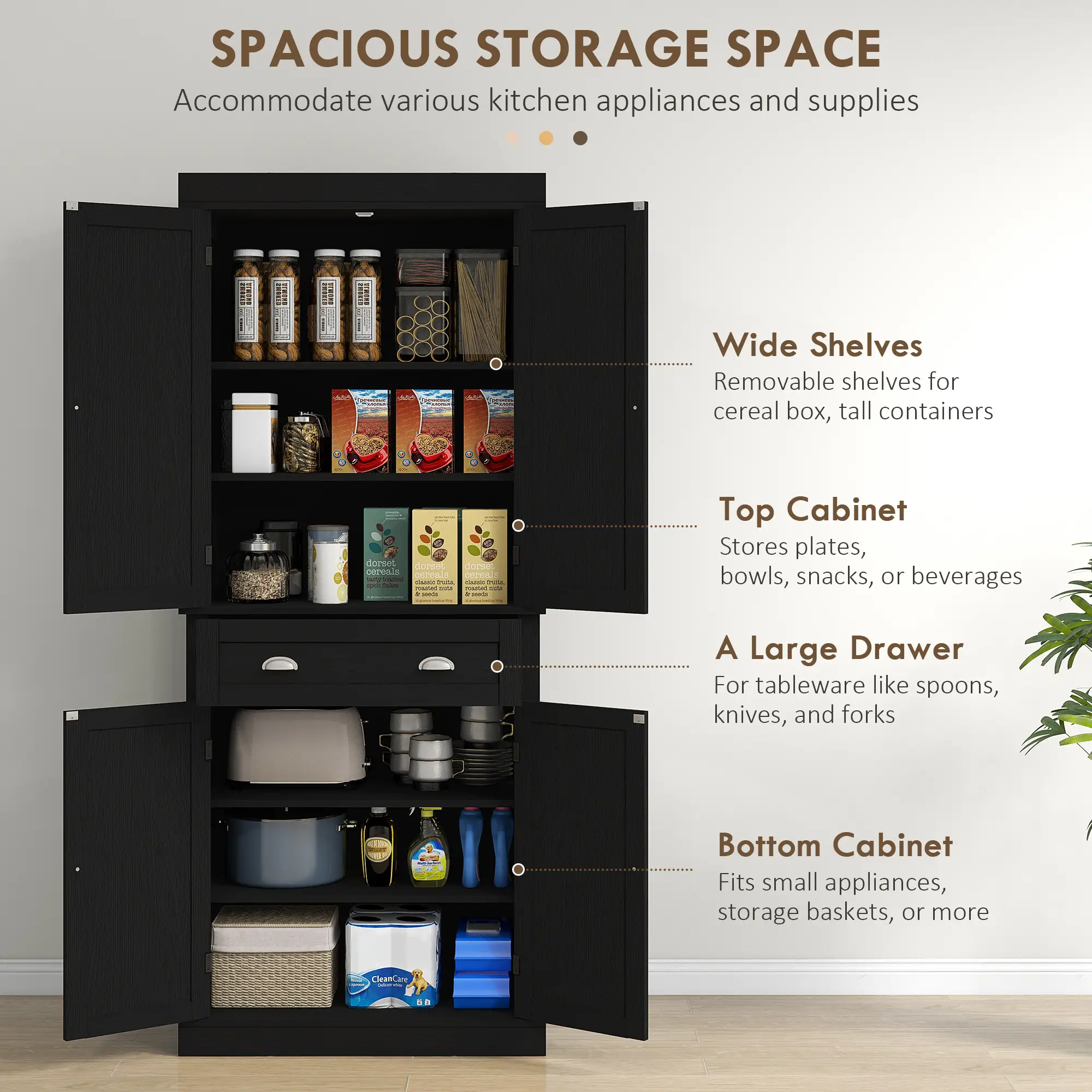 72 Inch Tall Pantry Cabinet, 4 Door Kitchen Storage, Black Wood Grain, Black - Image 4