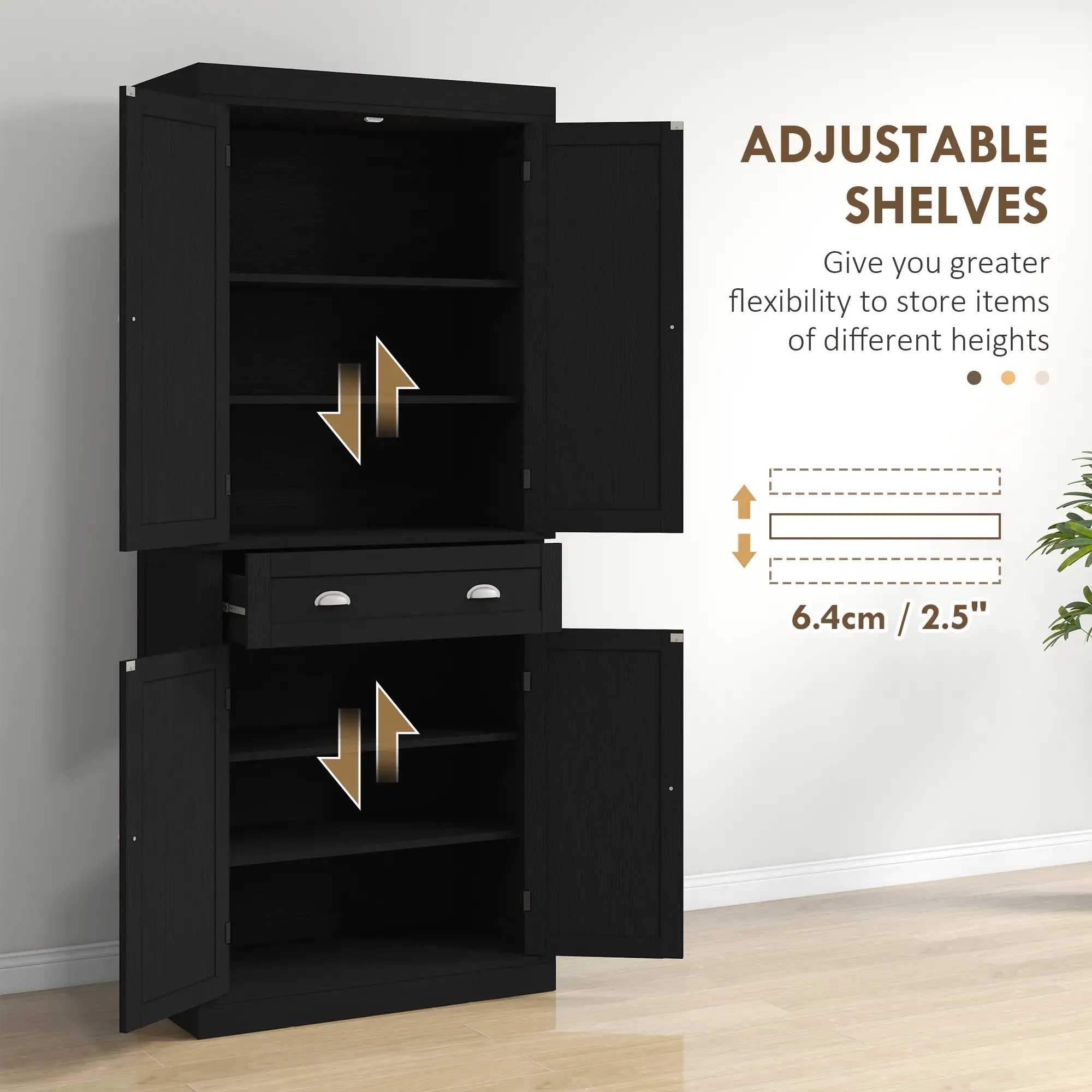 72 Inch Tall Pantry Cabinet, 4 Door Kitchen Storage, Black Wood Grain, Black - Image 5