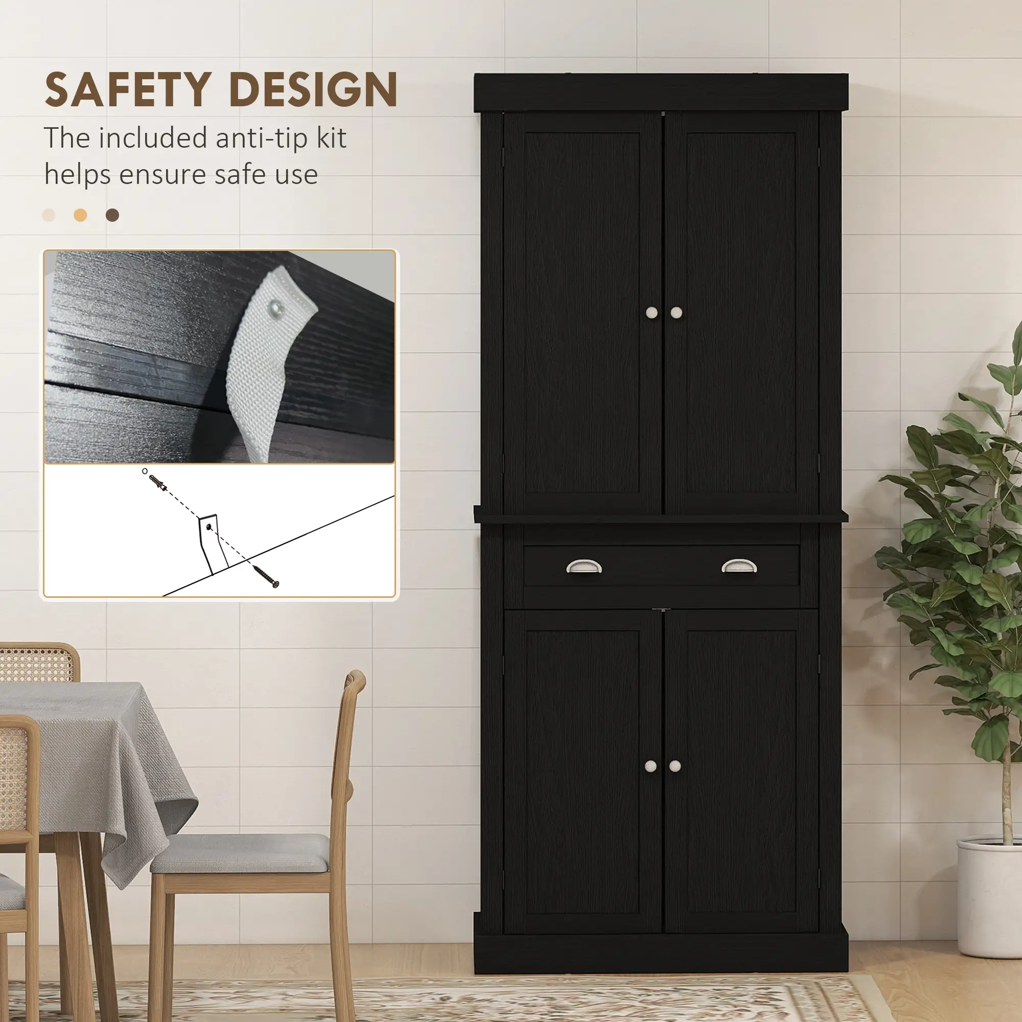 72 Inch Tall Pantry Cabinet, 4 Door Kitchen Storage, Black Wood Grain, Black - Image 6