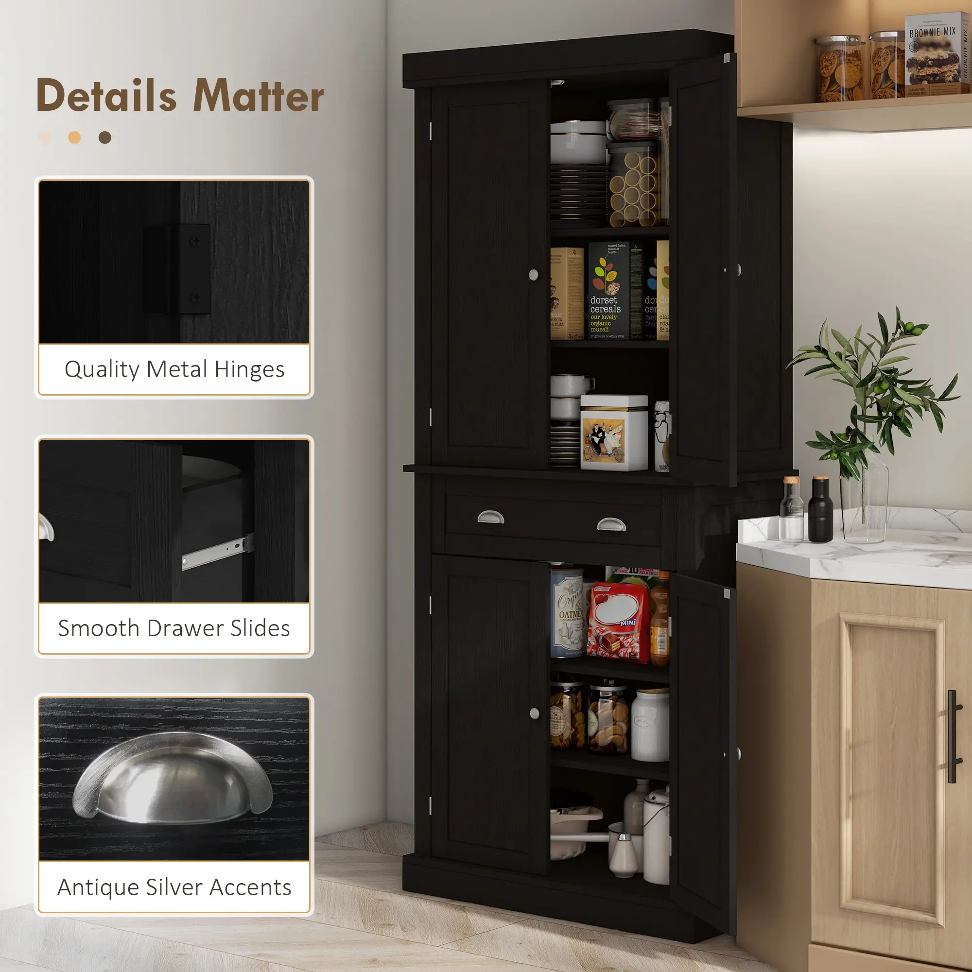 72 Inch Tall Pantry Cabinet, 4 Door Kitchen Storage, Black Wood Grain, Black - Image 7