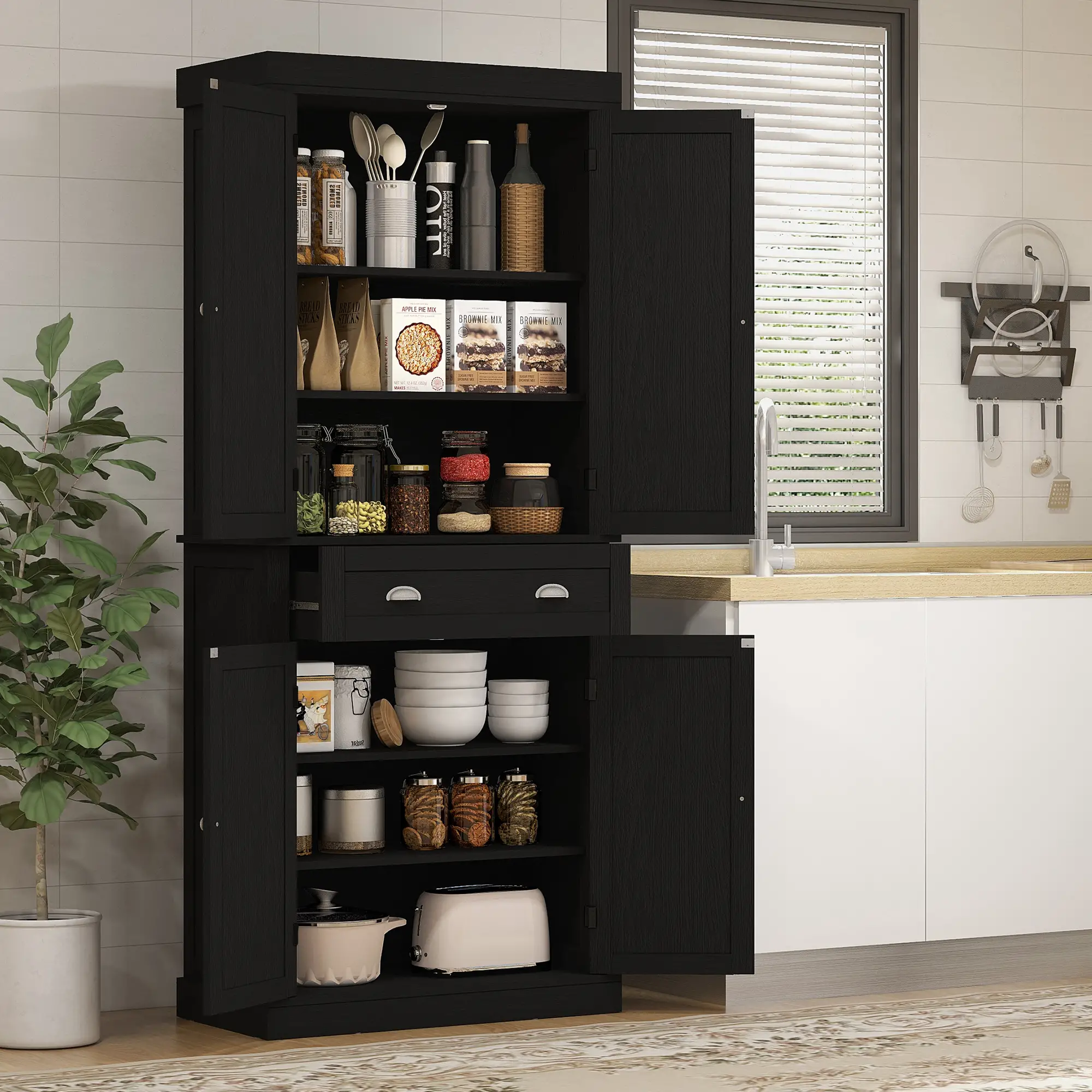 72 Inch Tall Pantry Cabinet, 4 Door Kitchen Storage, Black Wood Grain, Black - Image 8
