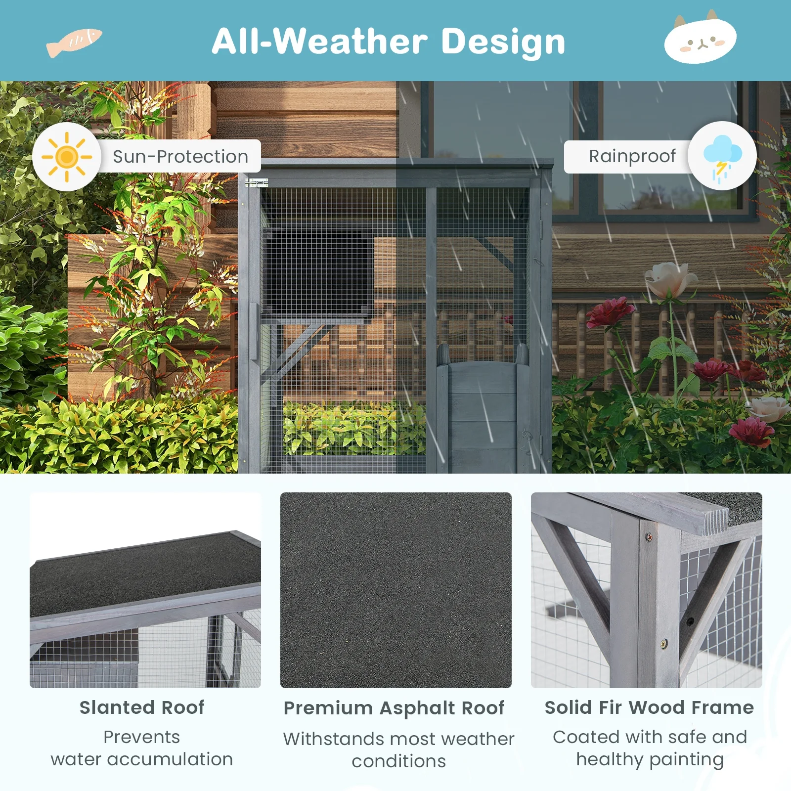 72 Inch Tall Wooden Cat House, Weatherproof Asphalt Roof, Gray - Image 10