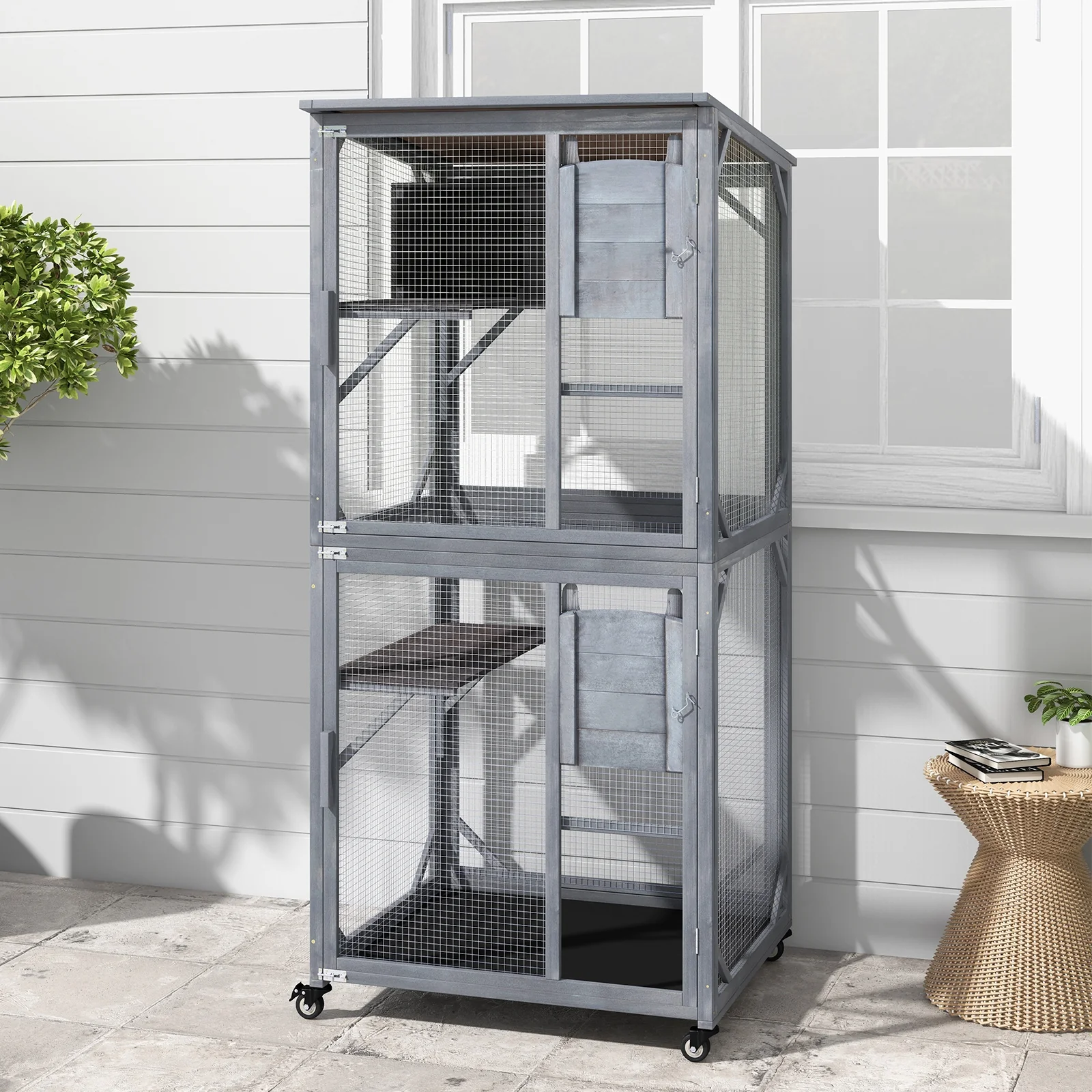 72 Inch Tall Wooden Cat House, Weatherproof Asphalt Roof, Gray - Image 2