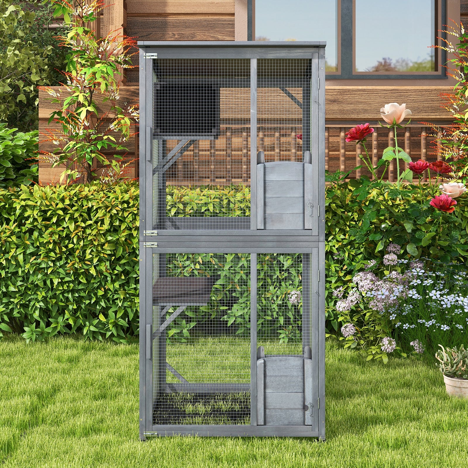 72 Inch Tall Wooden Cat House, Weatherproof Asphalt Roof, Gray - Image 3
