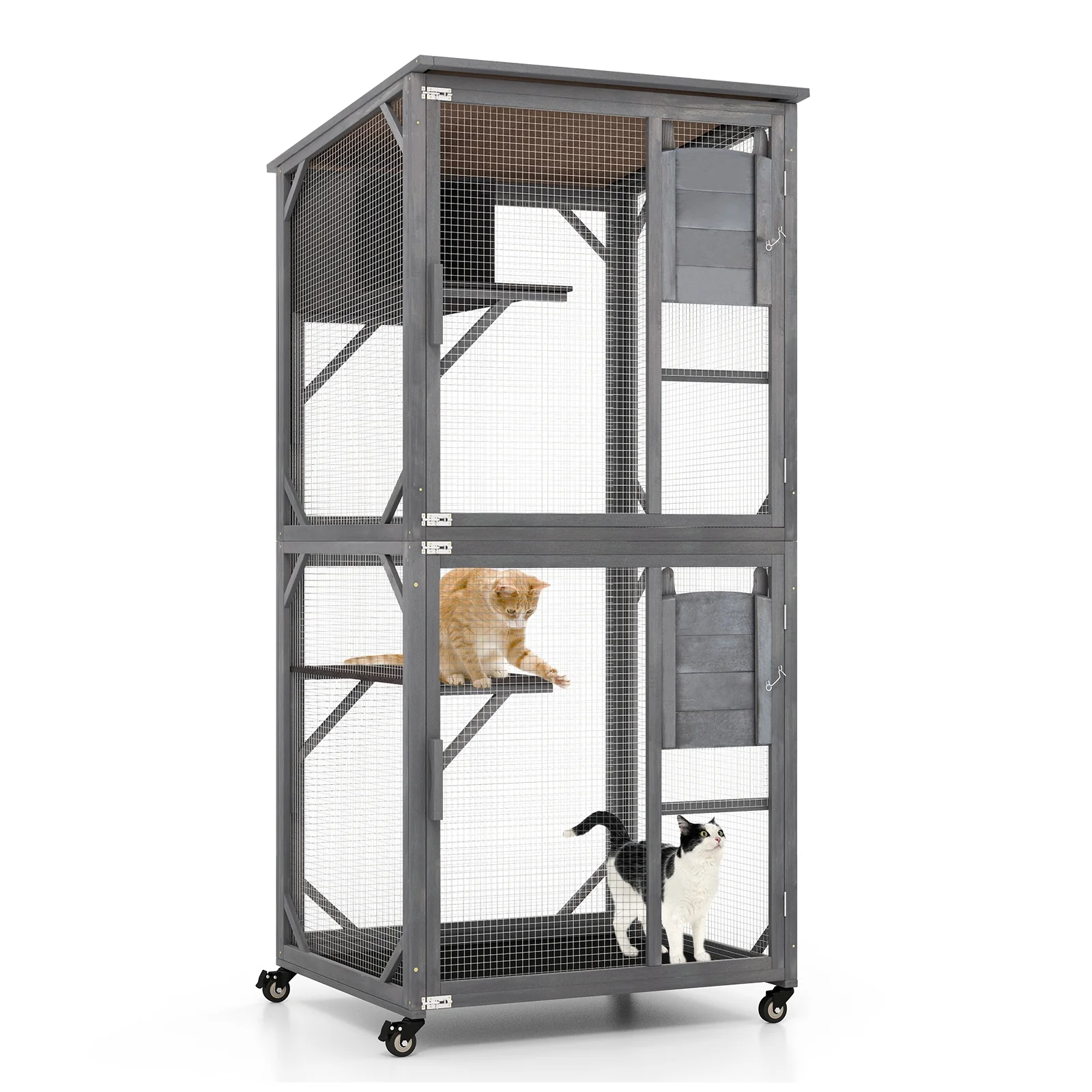 72 Inch Tall Wooden Cat House, Weatherproof Asphalt Roof, Gray - Image 4