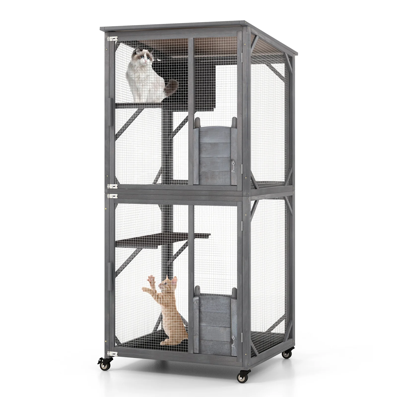 72 Inch Tall Wooden Cat House, Weatherproof Asphalt Roof, Gray - Image 5