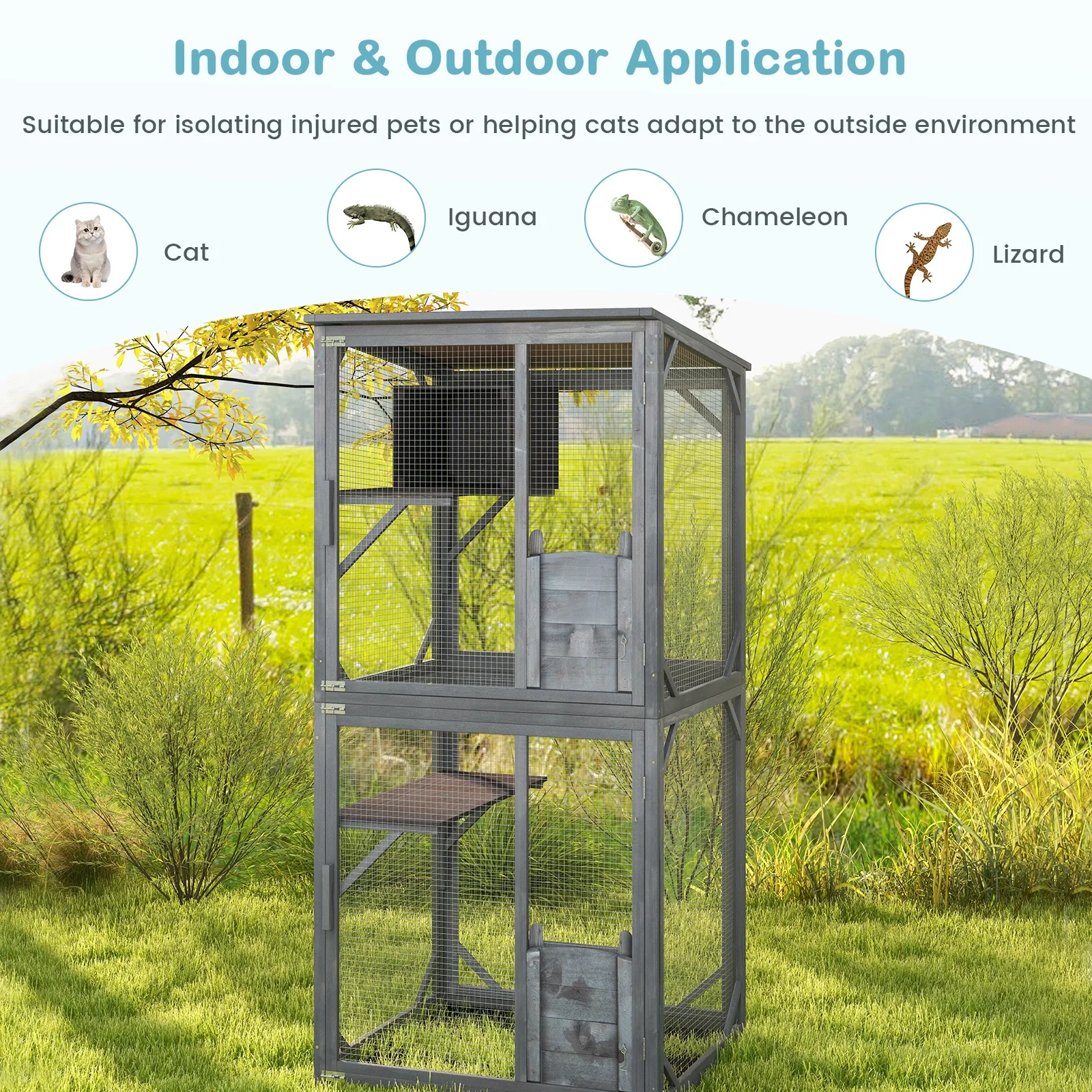 72 Inch Tall Wooden Cat House, Weatherproof Asphalt Roof, Gray - Image 7