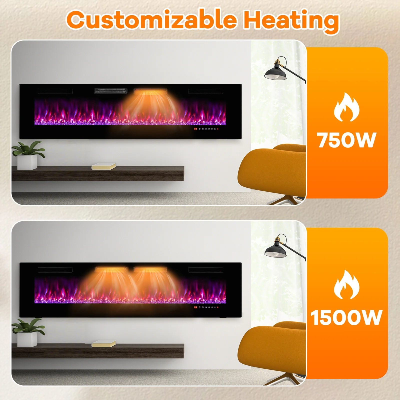 72 Inch Ultra-Thin Electric Fireplace With Decorative Crystals, Black - Image 6