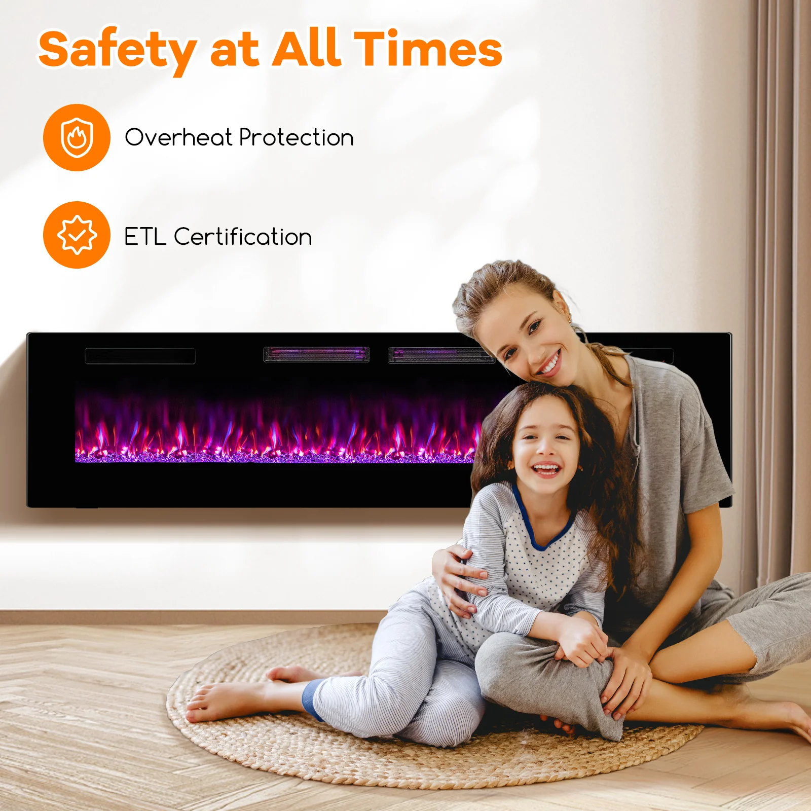 72 Inch Ultra-Thin Electric Fireplace With Decorative Crystals, Black - Image 9