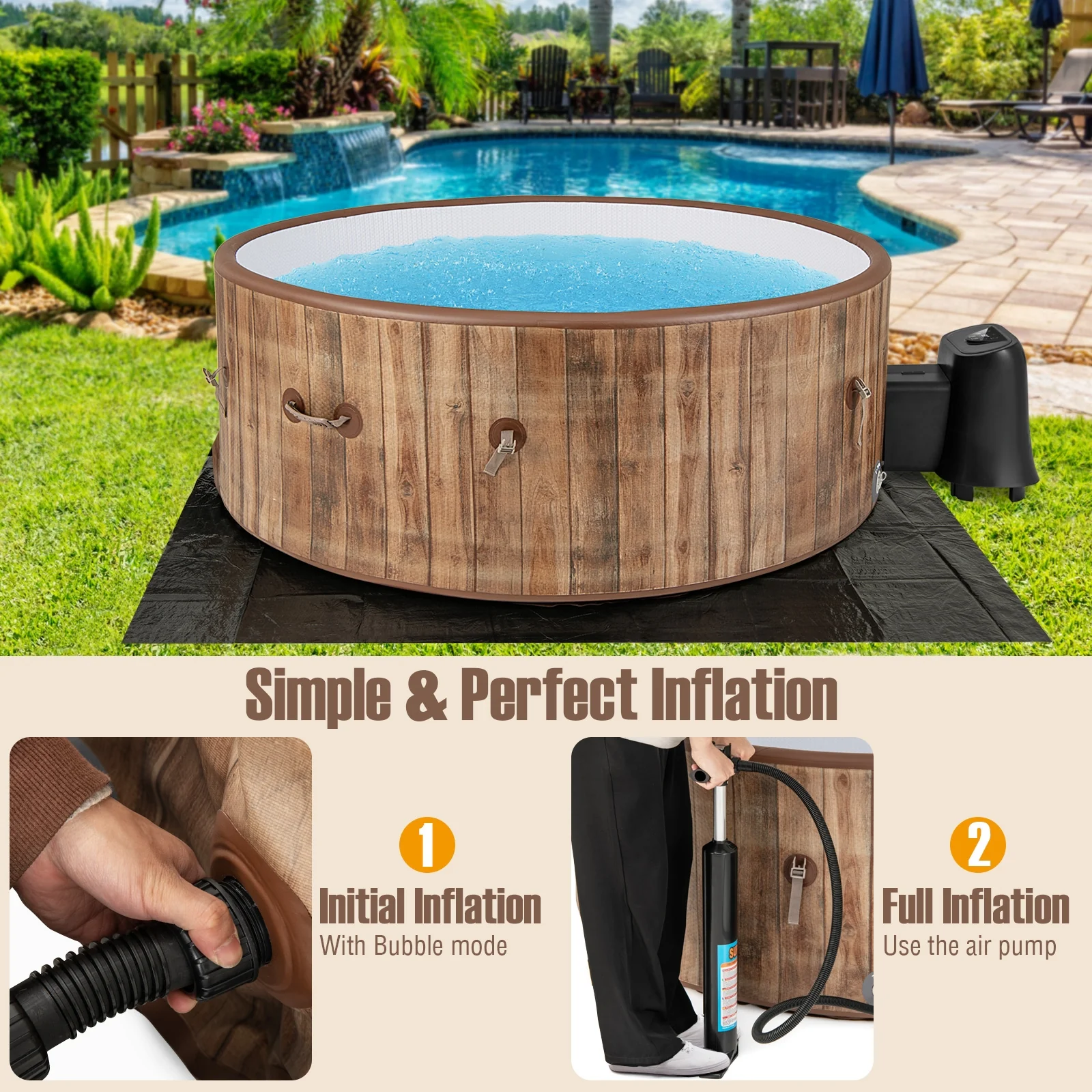 72 Inches Inflatable Hot Tub, 120 Air Jets, Heater Pump, 4-6 Person, Coffee - Image 10