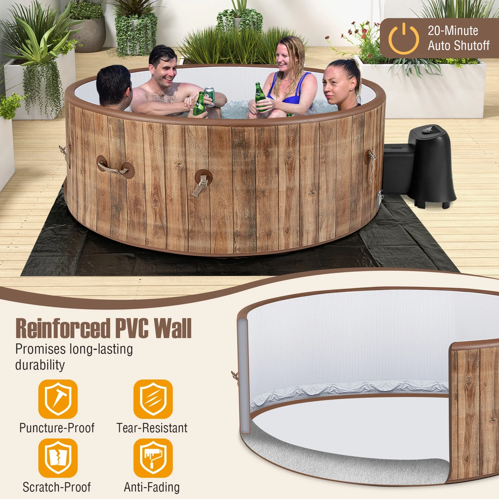 72 Inches Inflatable Hot Tub, 120 Air Jets, Heater Pump, 4-6 Person, Coffee - Image 2