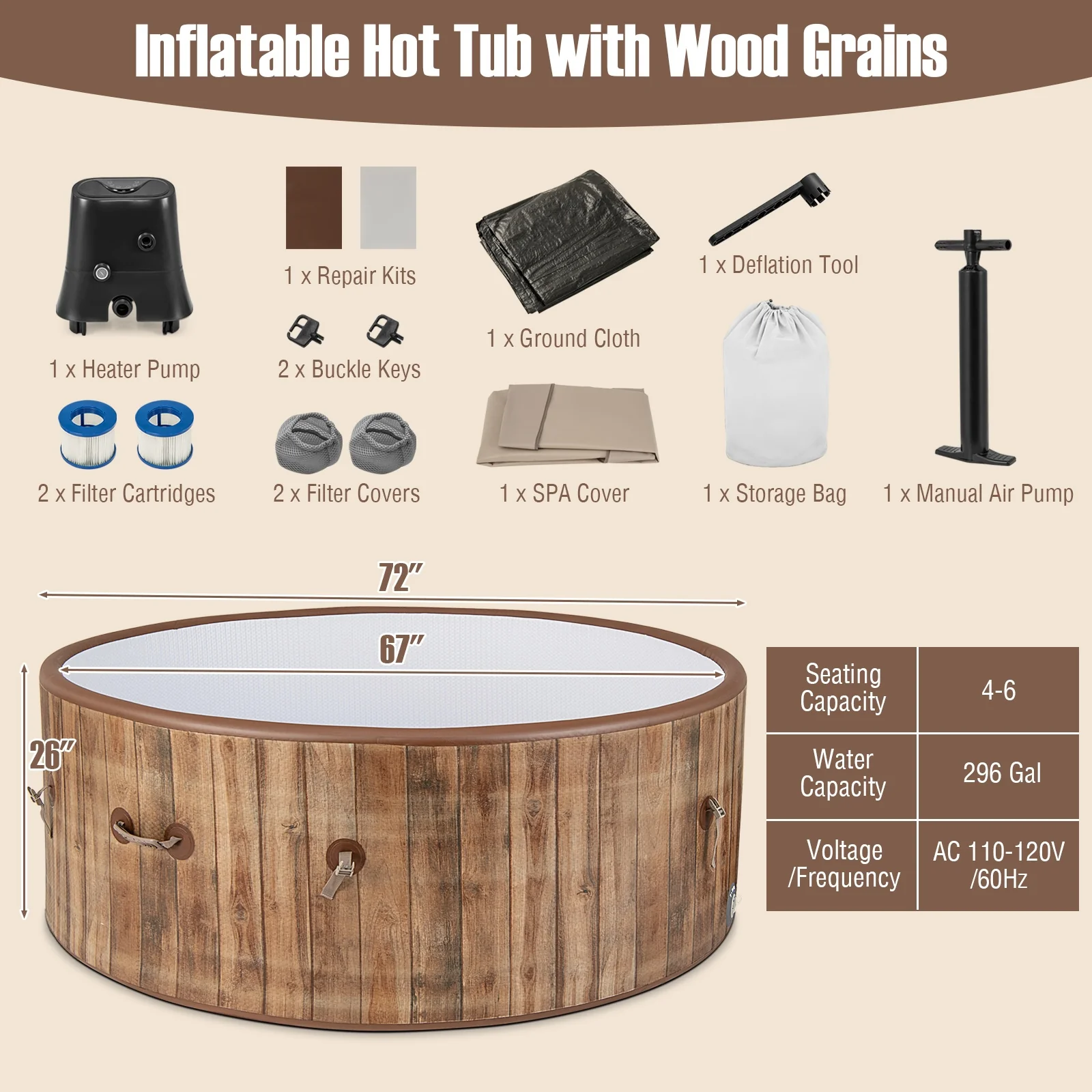 72 Inches Inflatable Hot Tub, 120 Air Jets, Heater Pump, 4-6 Person, Coffee - Image 5