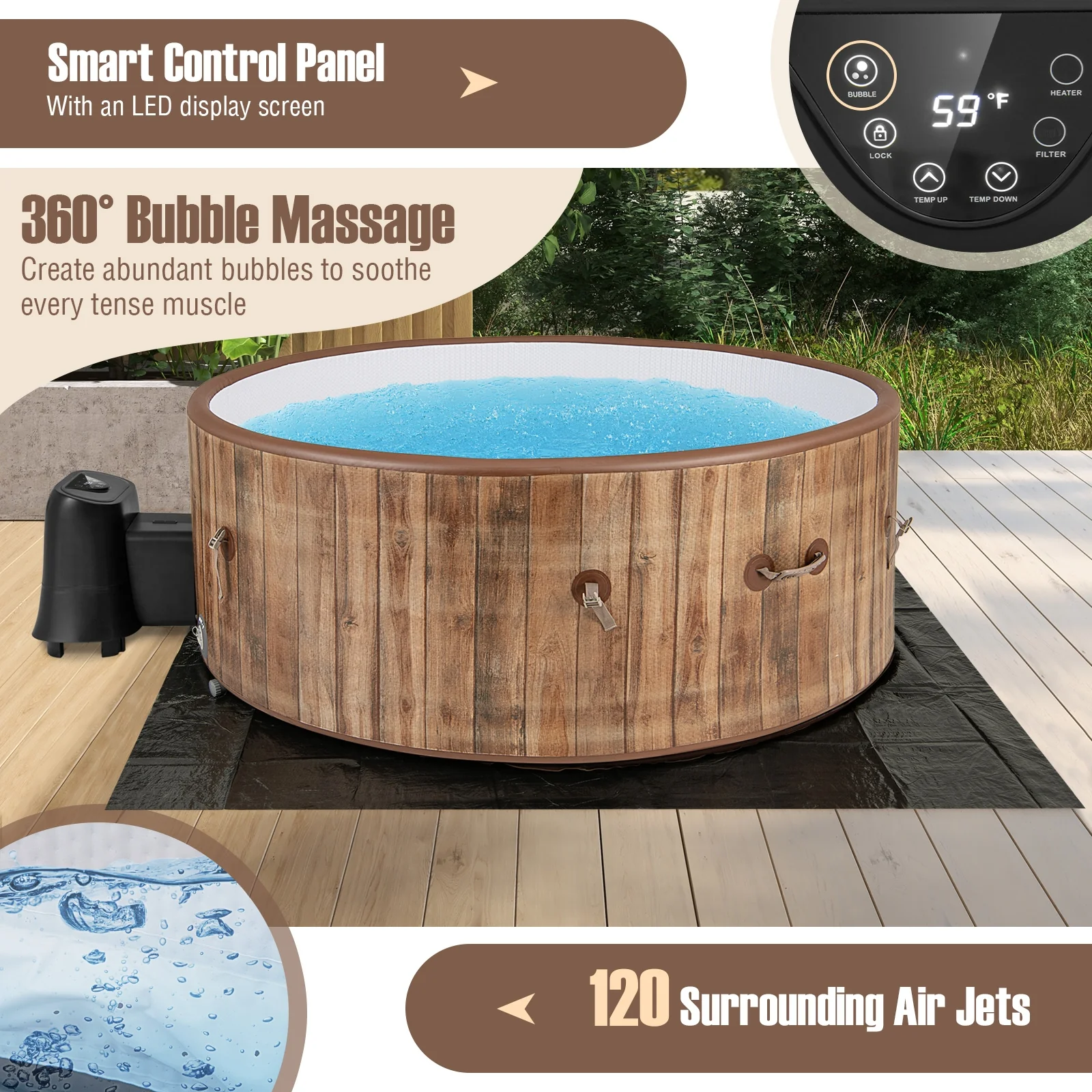 72 Inches Inflatable Hot Tub, 120 Air Jets, Heater Pump, 4-6 Person, Coffee - Image 6
