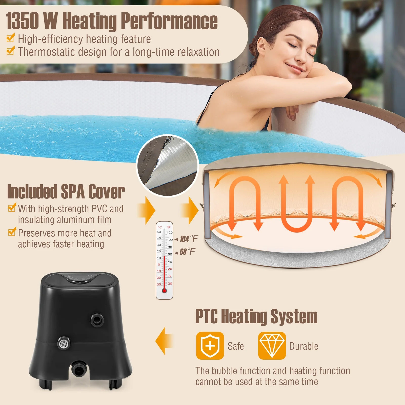 72 Inches Inflatable Hot Tub, 120 Air Jets, Heater Pump, 4-6 Person, Coffee - Image 7