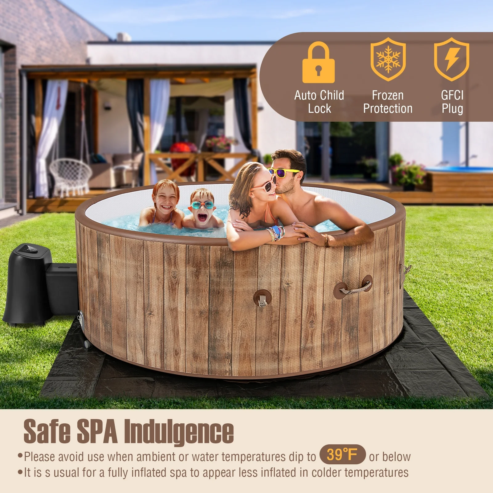 72 Inches Inflatable Hot Tub, 120 Air Jets, Heater Pump, 4-6 Person, Coffee - Image 9
